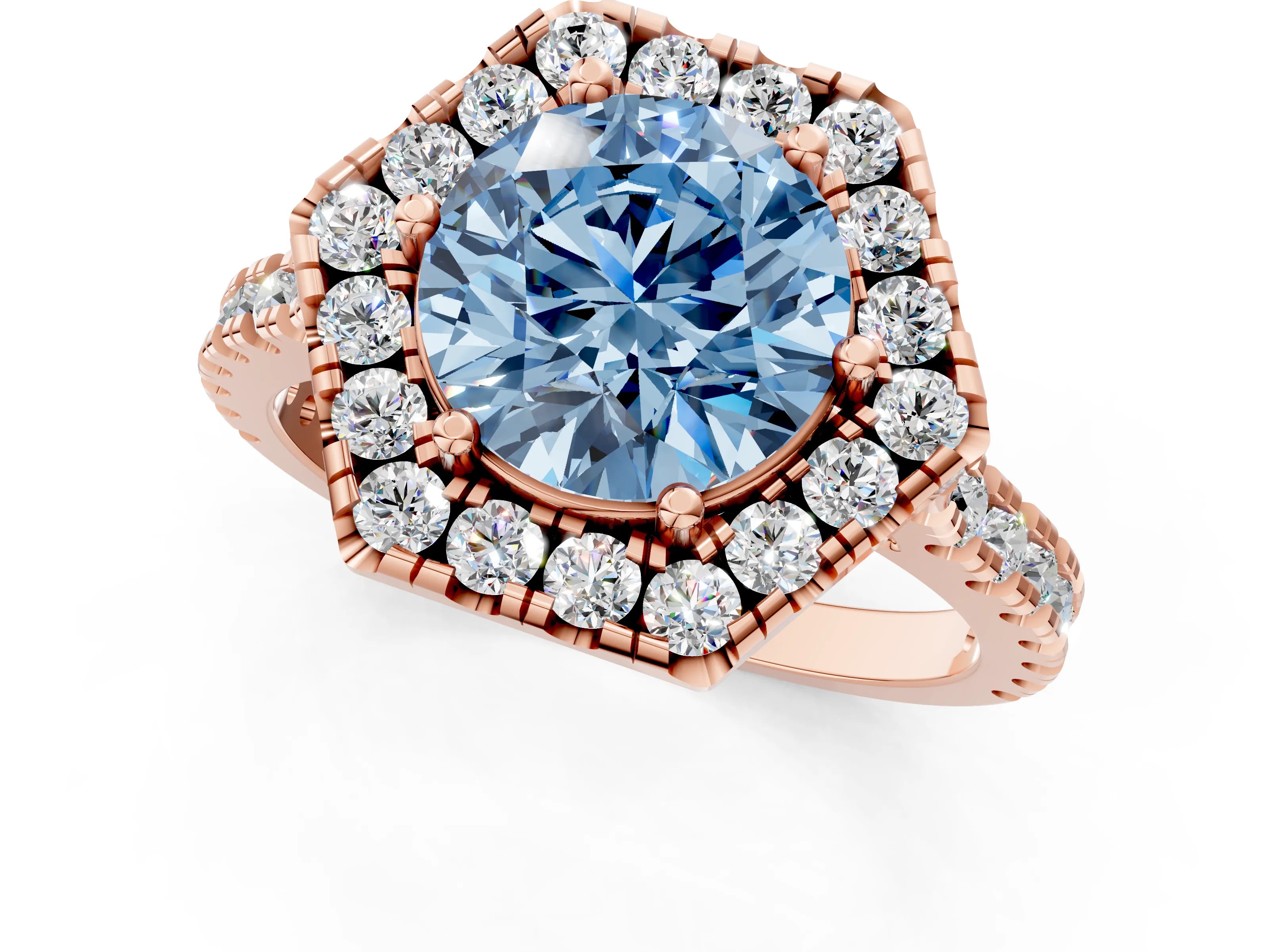 Rose gold Hexagonal Halo Fancy Blue Round Cut Diamond Pavé Band with Four-Prong Setting_1