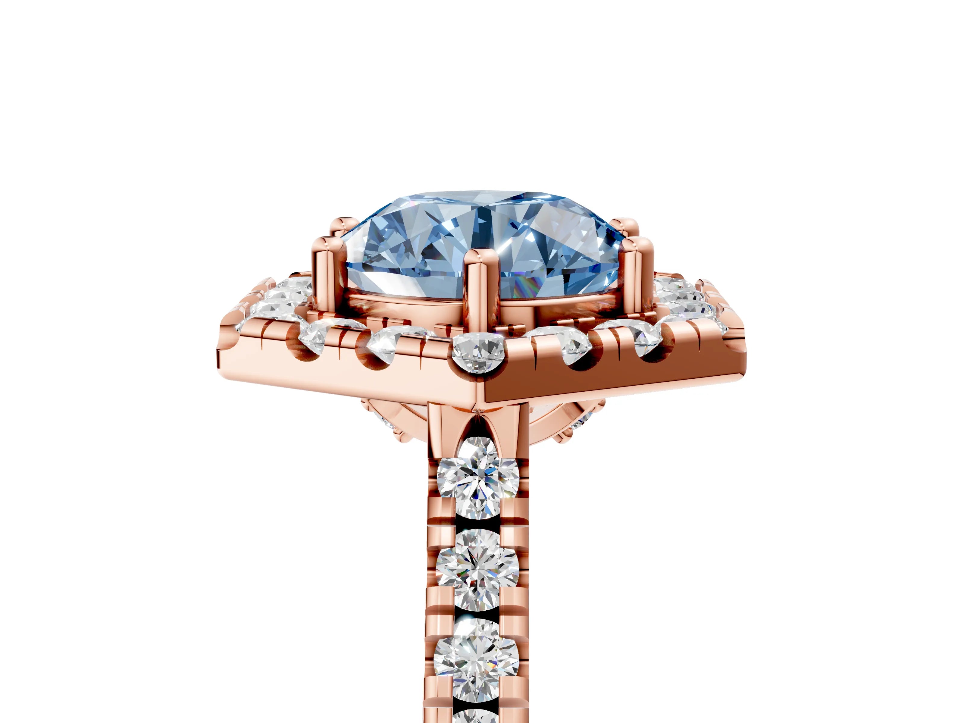 Rose gold Hexagonal Halo Fancy Blue Round Cut Diamond Pavé Band with Four-Prong Setting_5