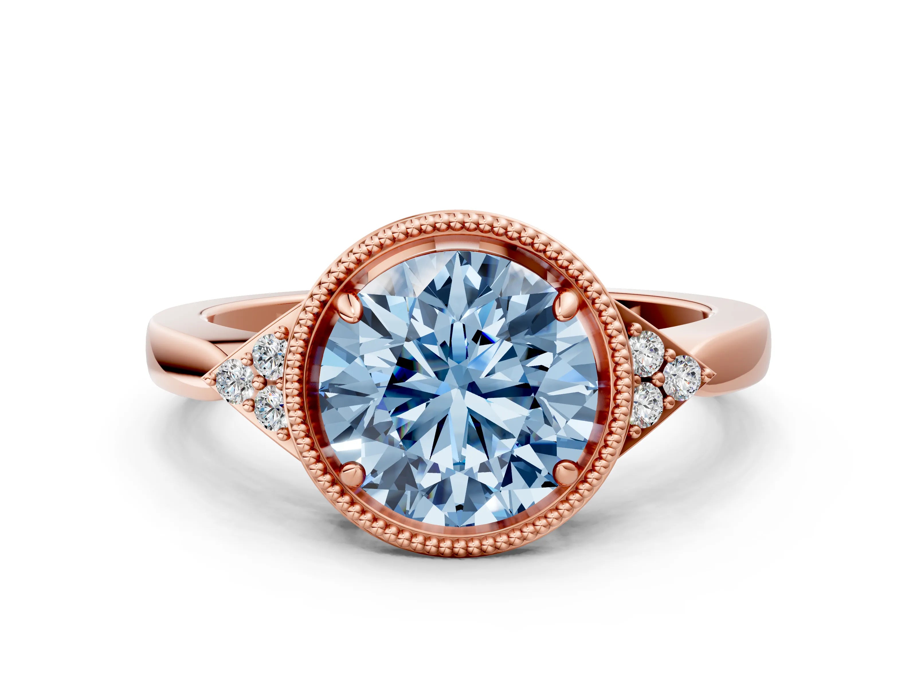 Rose gold Hexagonal Halo Fancy Blue Round Cut Diamond Solitaire with Pavé Band and Four-Prong Setting_3