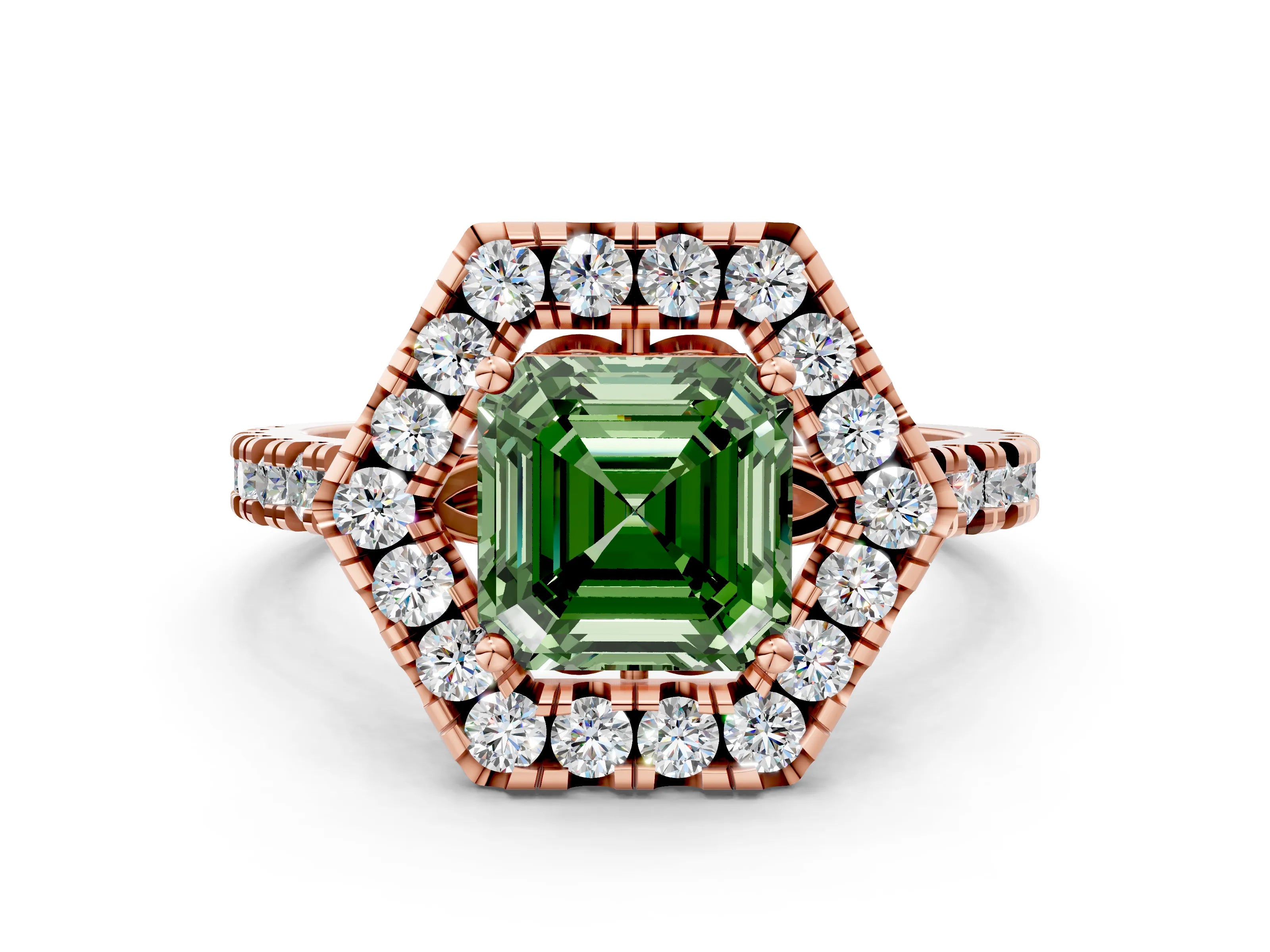 Rose gold Hexagonal Halo Fancy Green Asscher Cut Diamond Pavé Band with Four-Prong Setting