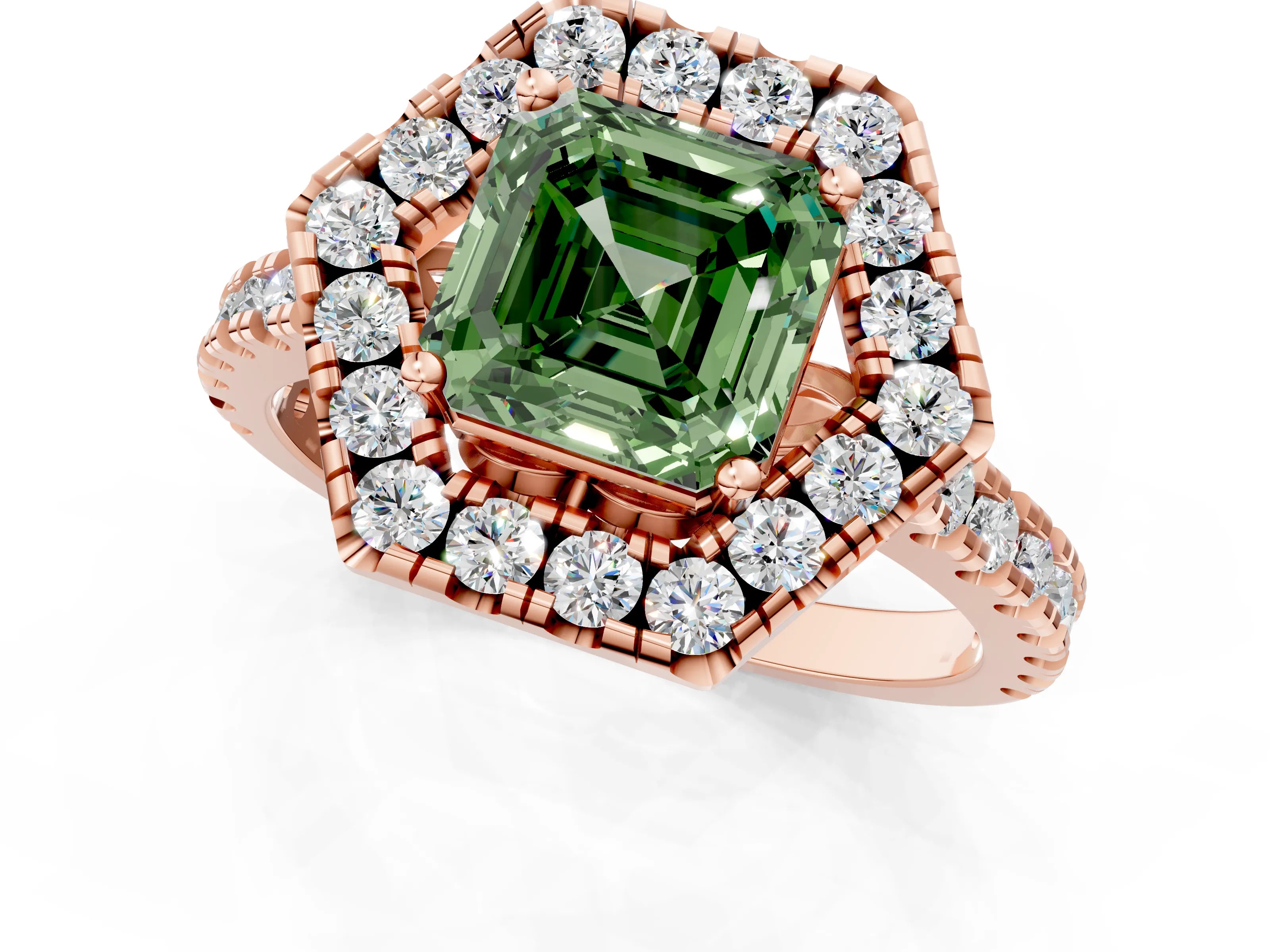 Rose gold Hexagonal Halo Fancy Green Asscher Cut Diamond Pavé Band with Four-Prong Setting_1