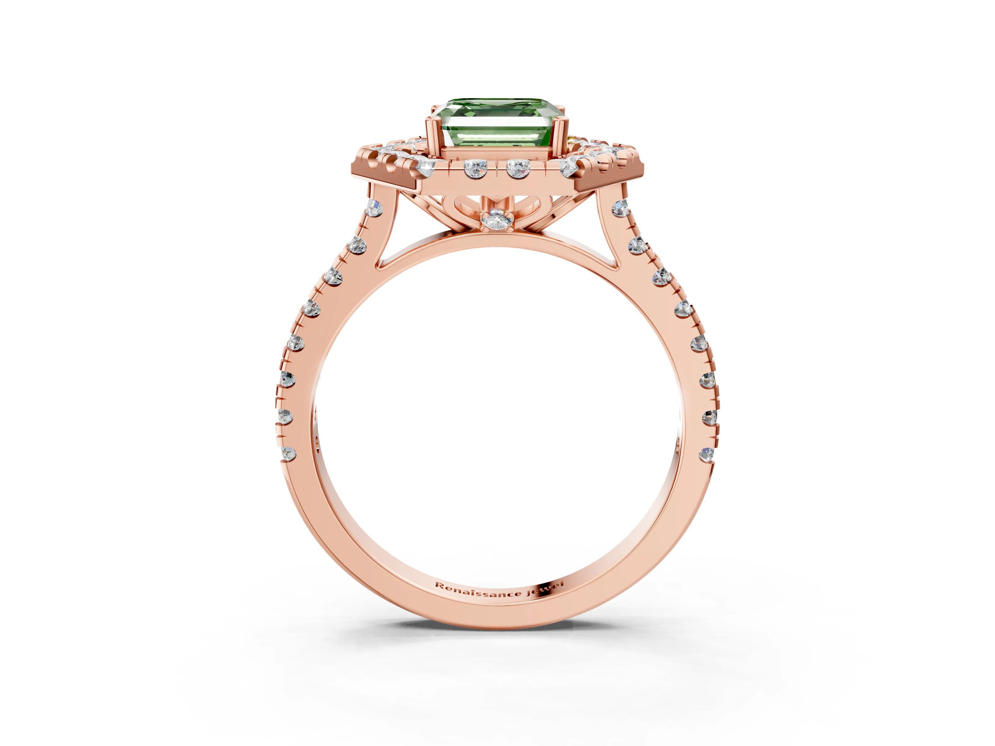 Rose gold Hexagonal Halo Fancy Green Asscher Cut Diamond Pavé Band with Four-Prong Setting_3