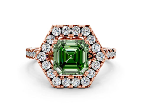 Rose gold Hexagonal Halo Fancy Green Asscher Cut Diamond Pavé Band with Four-Prong Setting