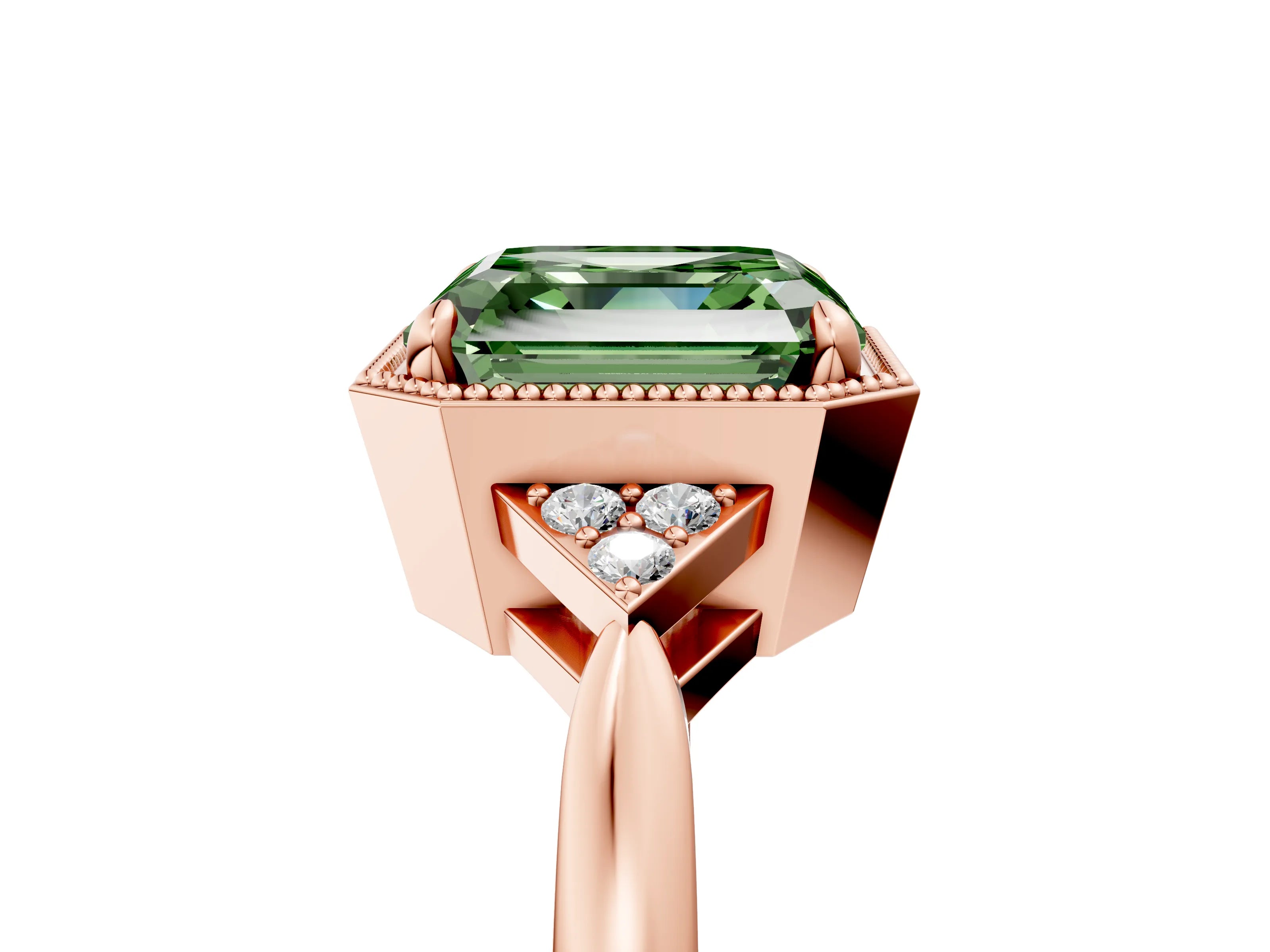 Rose gold Hexagonal Halo Fancy Green Asscher Cut Diamond Solitaire with Pavé Band and Four-Prong Setting_8