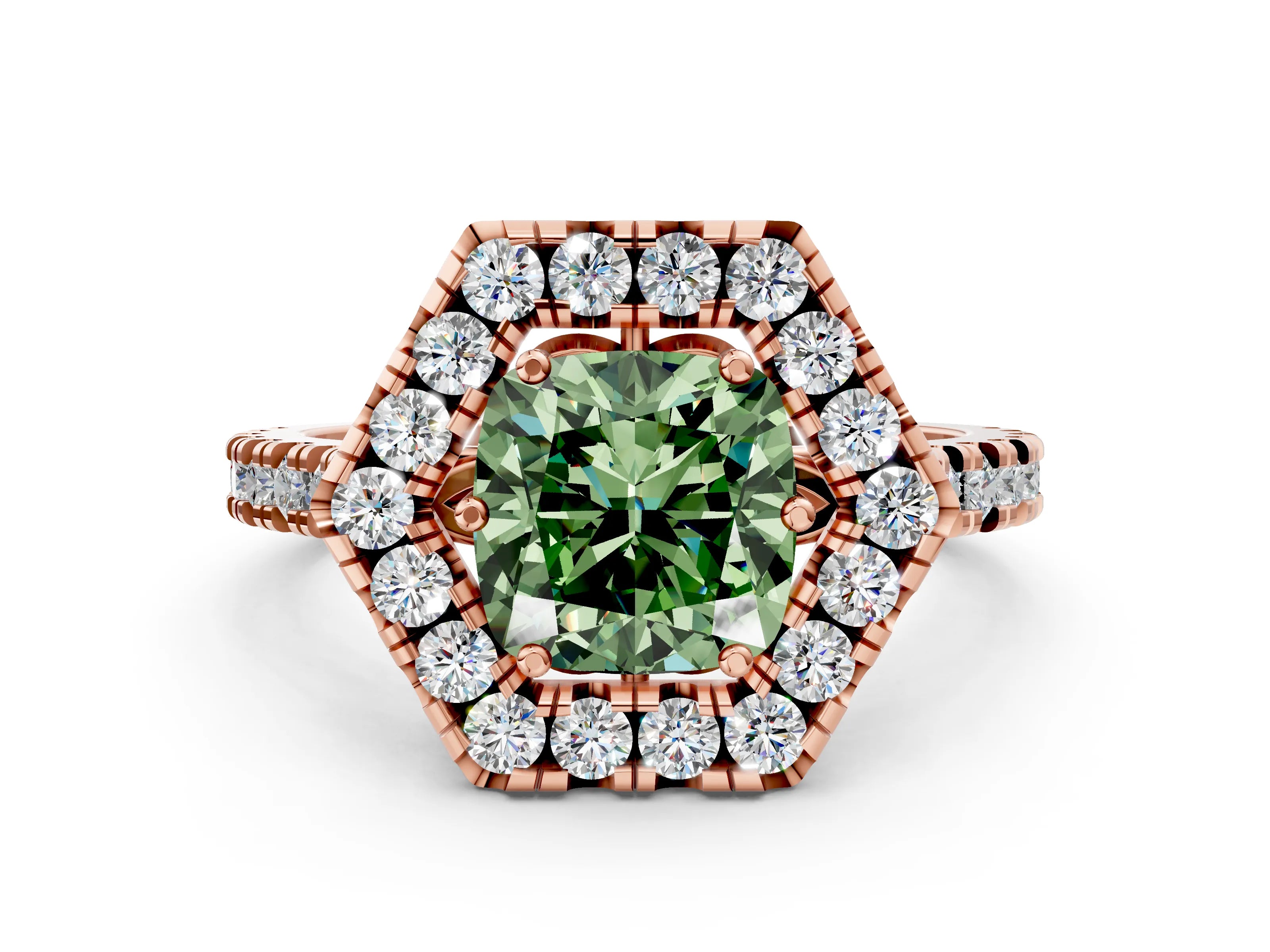 Rose gold Hexagonal Halo Fancy Green Cushion Cut Diamond Pavé Band with Four-Prong Setting