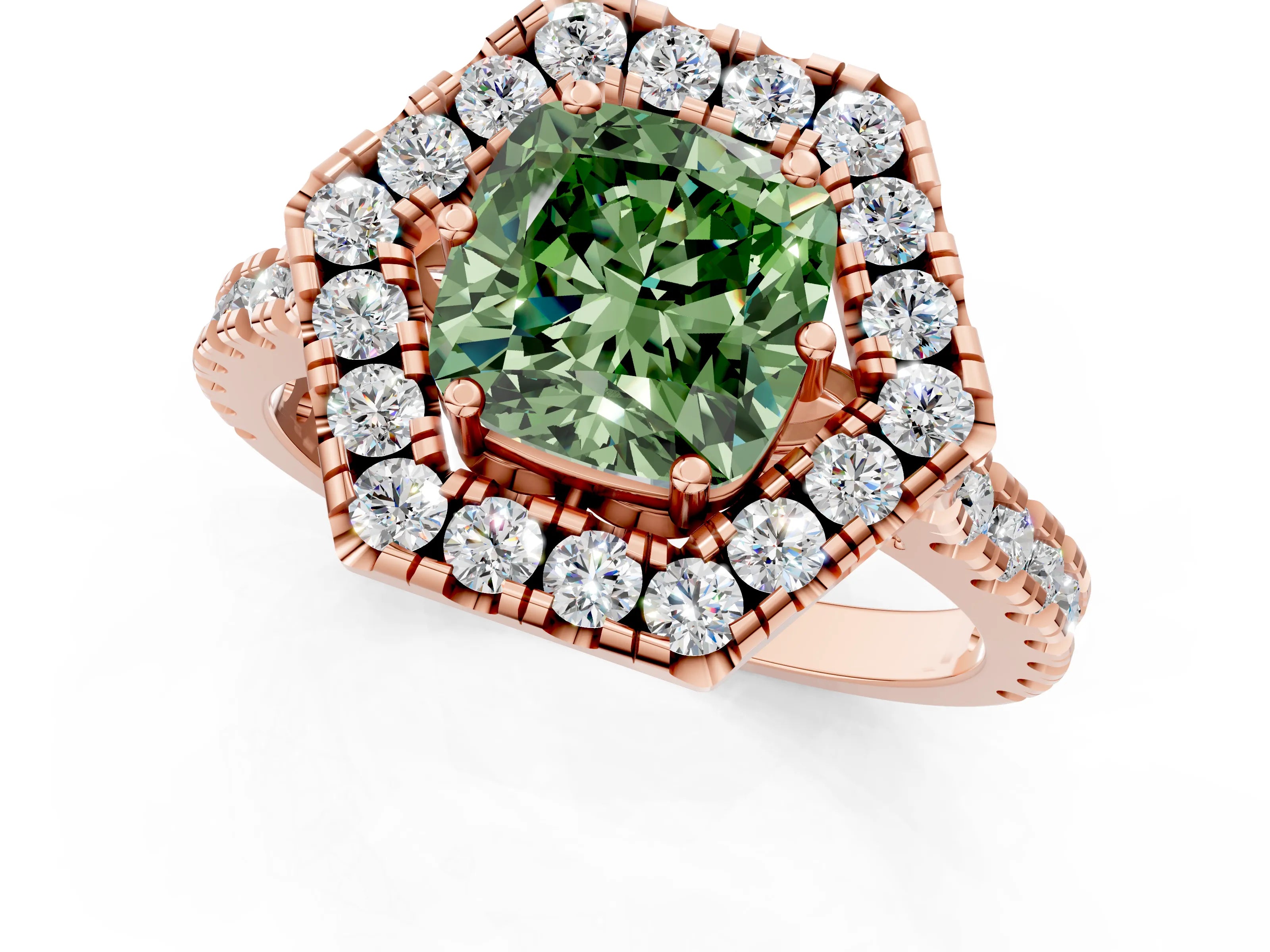 Rose gold Hexagonal Halo Fancy Green Cushion Cut Diamond Pavé Band with Four-Prong Setting_1
