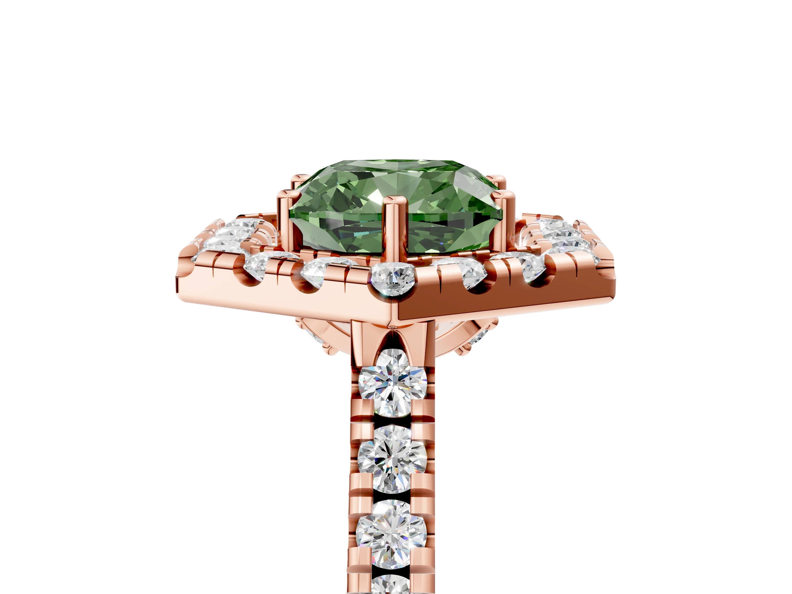 Rose gold Hexagonal Halo Fancy Green Cushion Cut Diamond Pavé Band with Four-Prong Setting_5