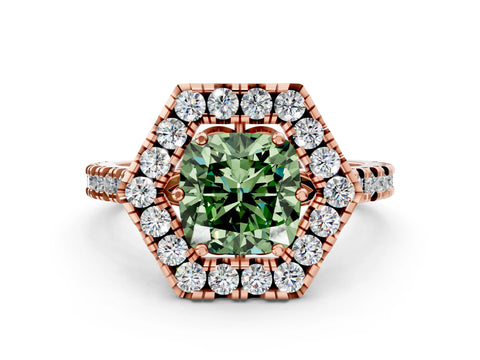 Rose gold Hexagonal Halo Fancy Green Cushion Cut Diamond Pavé Band with Four-Prong Setting