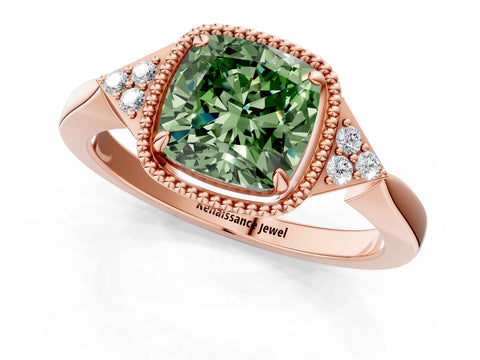 Rose gold Hexagonal Halo Fancy Green Cushion Cut Diamond Solitaire with Pavé Band and Four-Prong Setting_4