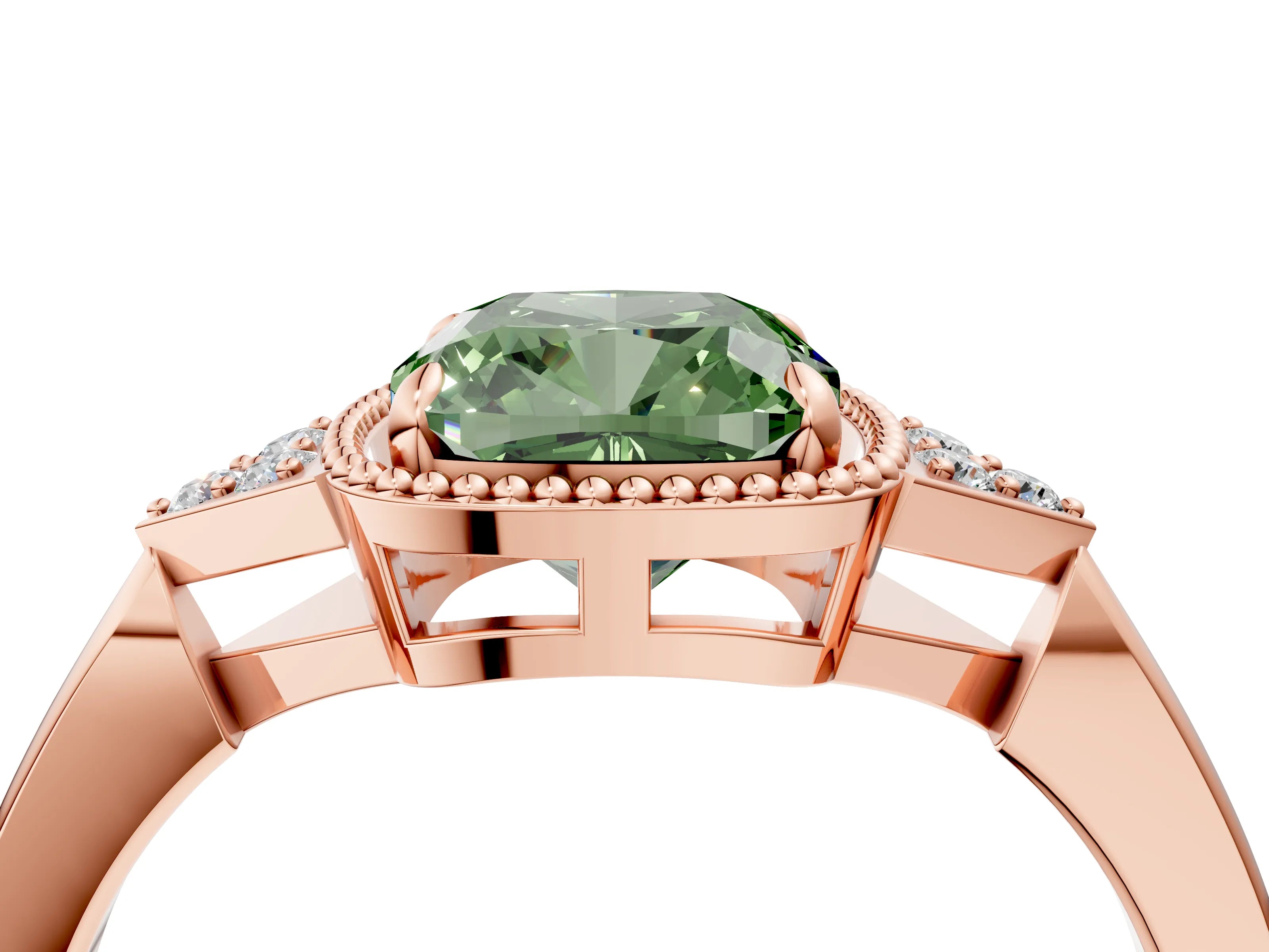 Rose gold Hexagonal Halo Fancy Green Cushion Cut Diamond Solitaire with Pavé Band and Four-Prong Setting_7