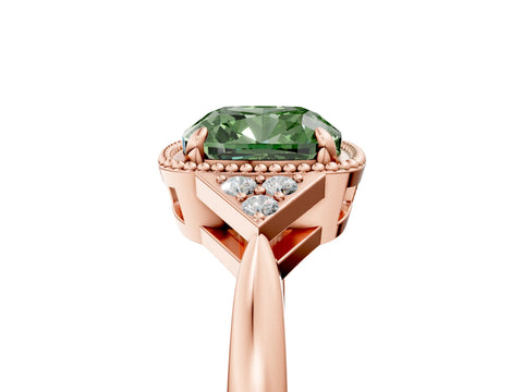 Rose gold Hexagonal Halo Fancy Green Cushion Cut Diamond Solitaire with Pavé Band and Four-Prong Setting_8