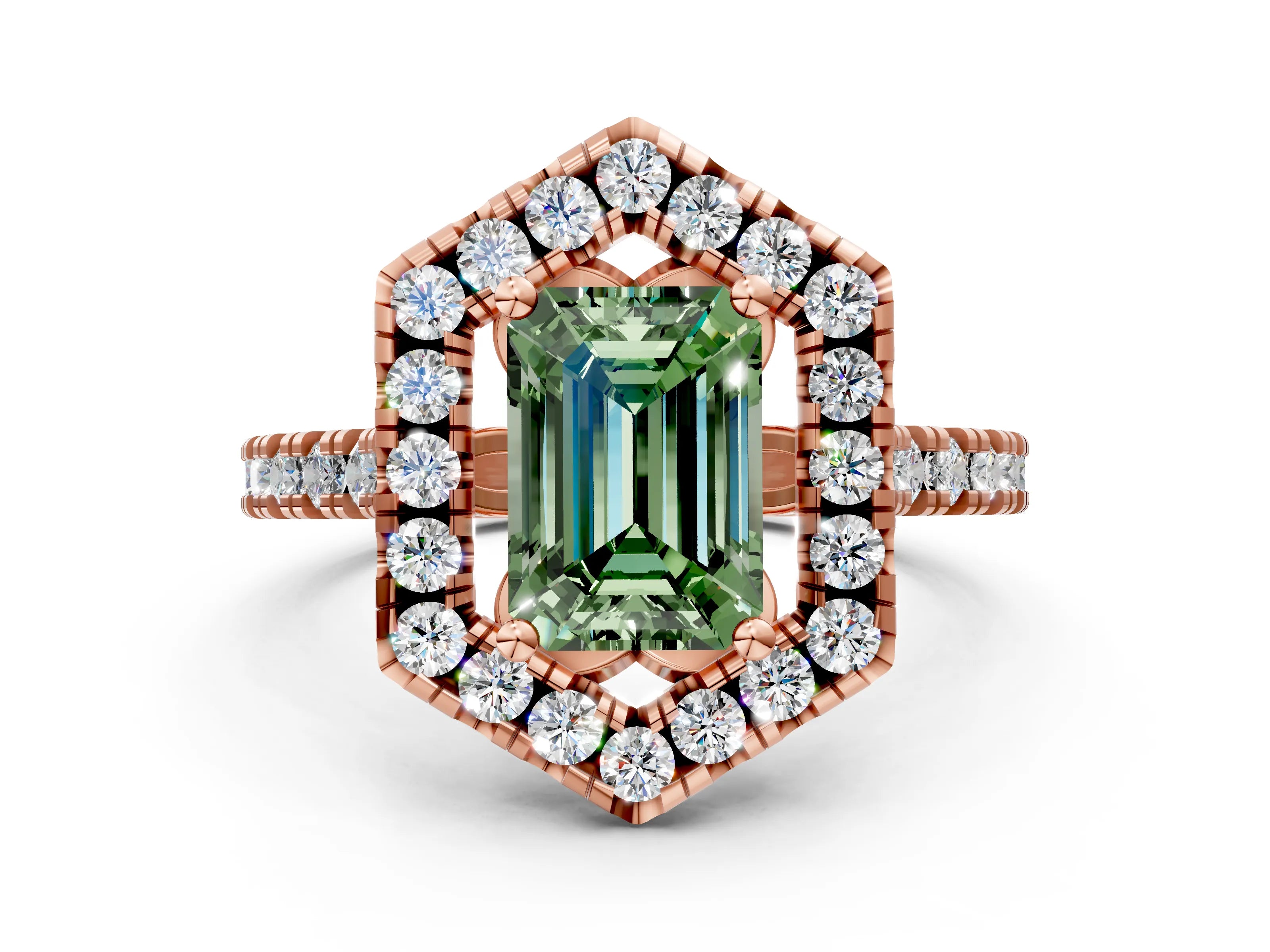Rose gold Hexagonal Halo Fancy Green Emerald Cut Diamond Pavé Band with Four-Prong Setting
