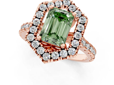 Rose gold Hexagonal Halo Fancy Green Emerald Cut Diamond Pavé Band with Four-Prong Setting_1