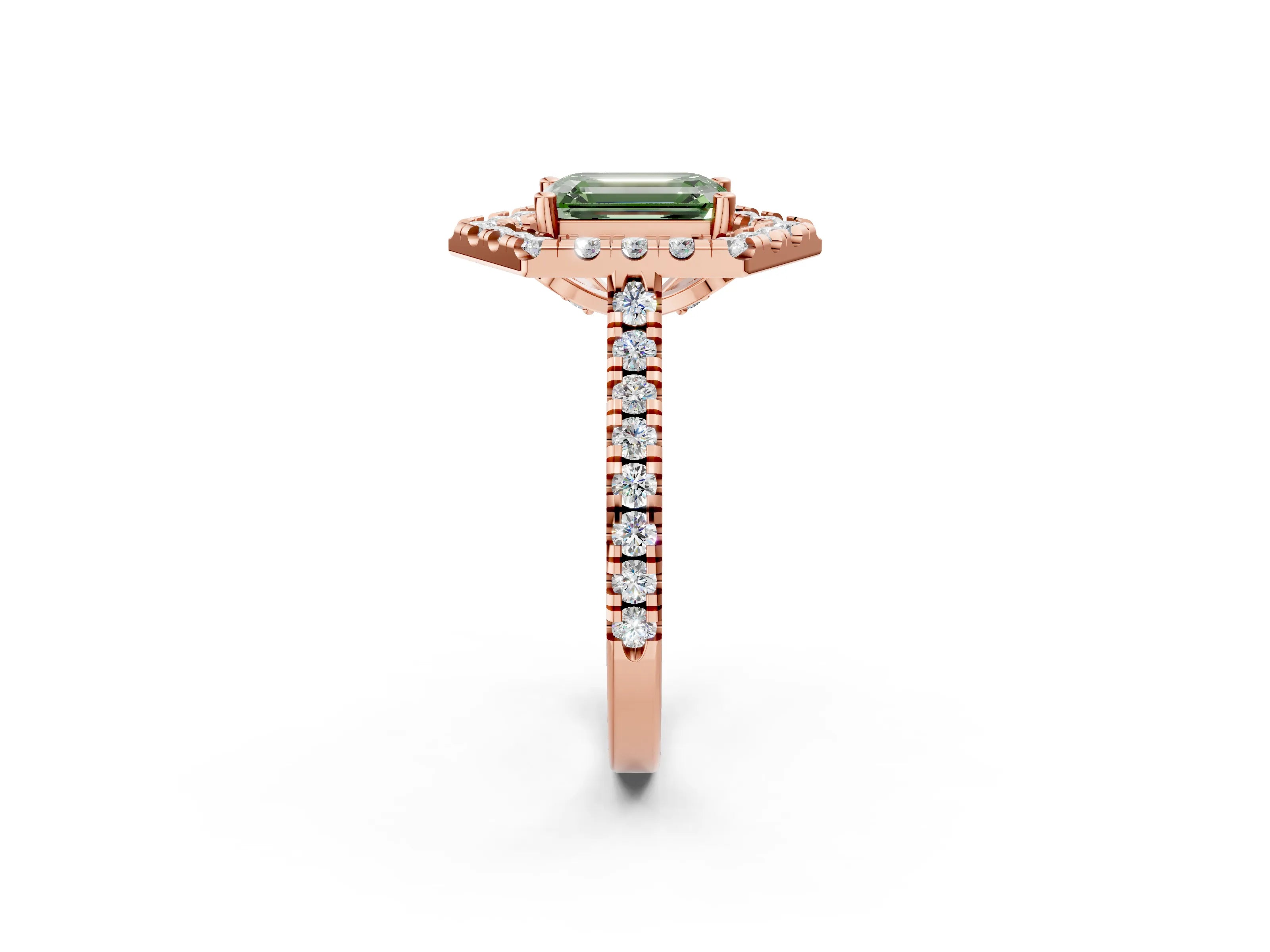 Rose gold Hexagonal Halo Fancy Green Emerald Cut Diamond Pavé Band with Four-Prong Setting_2