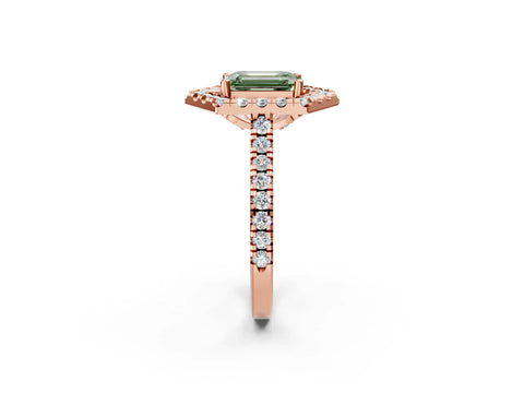Rose gold Hexagonal Halo Fancy Green Emerald Cut Diamond Pavé Band with Four-Prong Setting_2