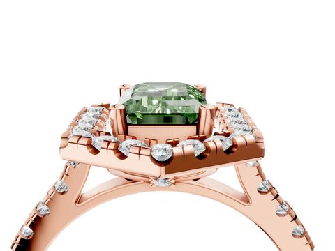 Rose gold Hexagonal Halo Fancy Green Emerald Cut Diamond Pavé Band with Four-Prong Setting_4