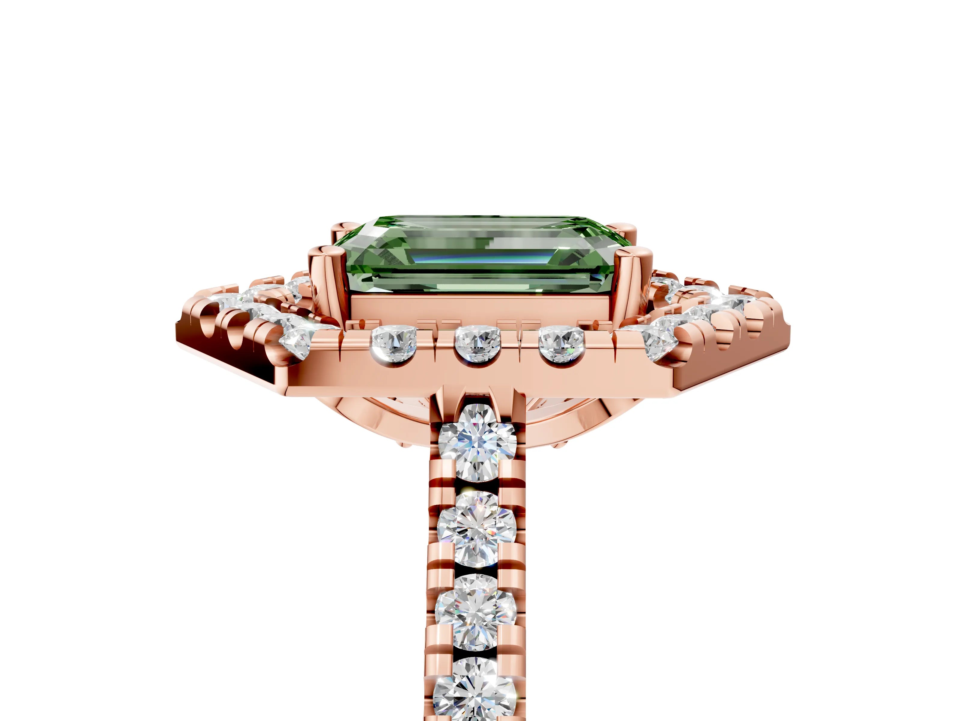 Rose gold Hexagonal Halo Fancy Green Emerald Cut Diamond Pavé Band with Four-Prong Setting_5