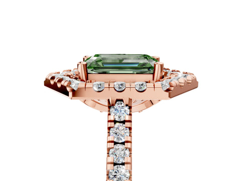 Rose gold Hexagonal Halo Fancy Green Emerald Cut Diamond Pavé Band with Four-Prong Setting_5