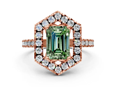 Rose gold Hexagonal Halo Fancy Green Emerald Cut Diamond Pavé Band with Four-Prong Setting