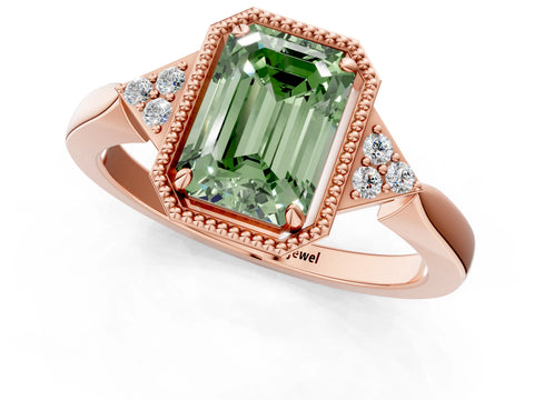 Rose gold Hexagonal Halo Fancy Green Emerald Cut Diamond Solitaire with Pavé Band and Four-Prong Setting_4