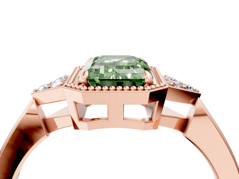 Rose gold Hexagonal Halo Fancy Green Emerald Cut Diamond Solitaire with Pavé Band and Four-Prong Setting_7