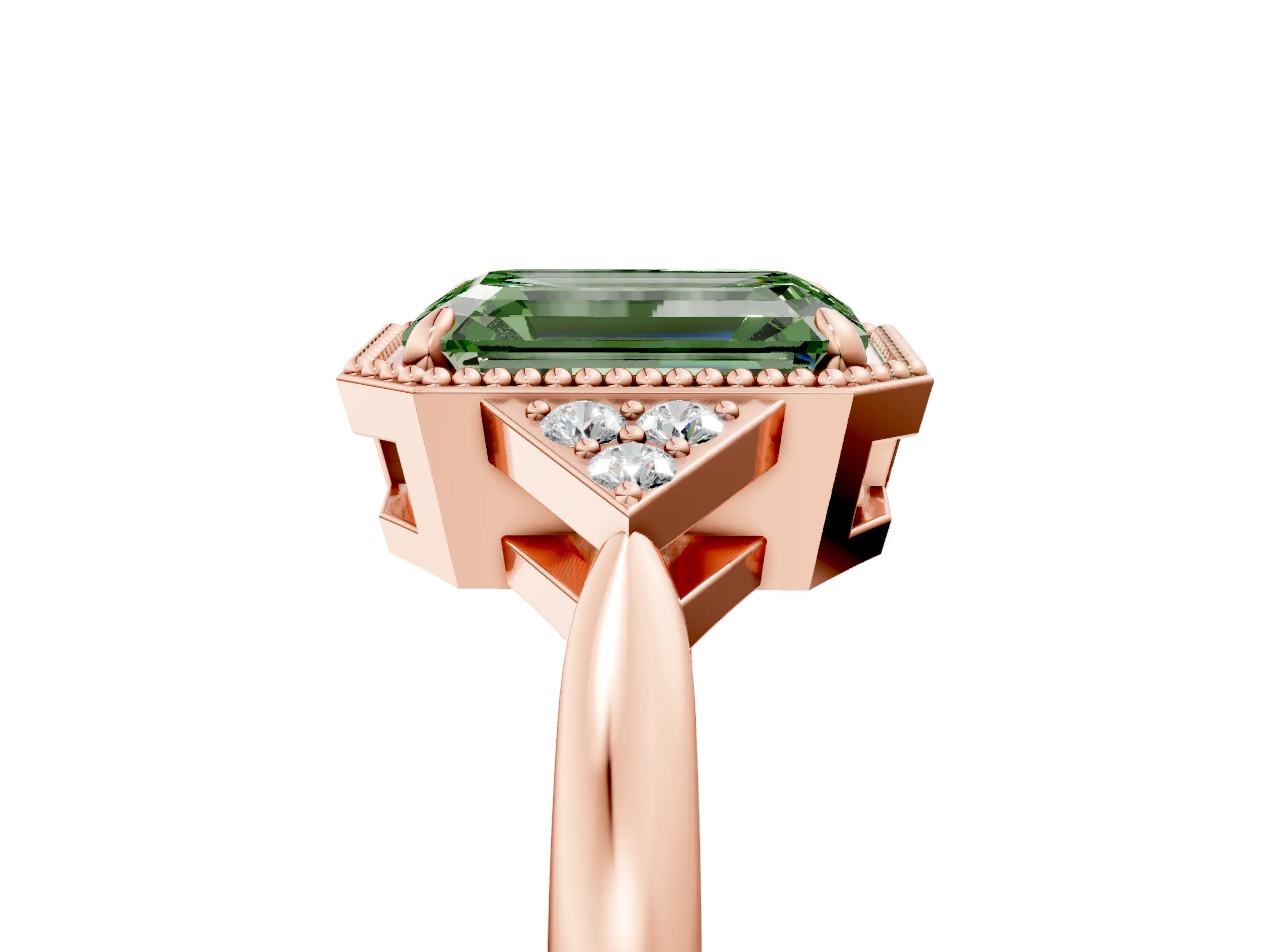 Rose gold Hexagonal Halo Fancy Green Emerald Cut Diamond Solitaire with Pavé Band and Four-Prong Setting_8