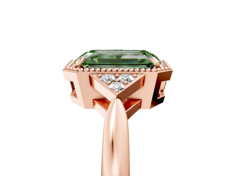 Rose gold Hexagonal Halo Fancy Green Emerald Cut Diamond Solitaire with Pavé Band and Four-Prong Setting_8