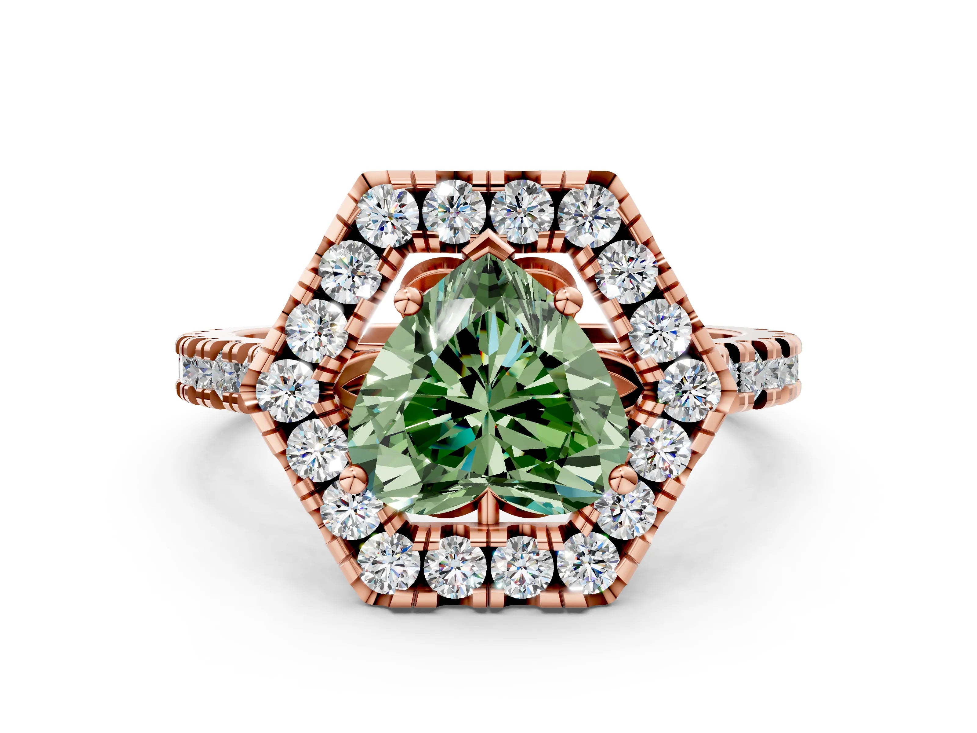 Rose gold Hexagonal Halo Fancy Green Heart Cut Diamond Pavé Band with Four-Prong Setting