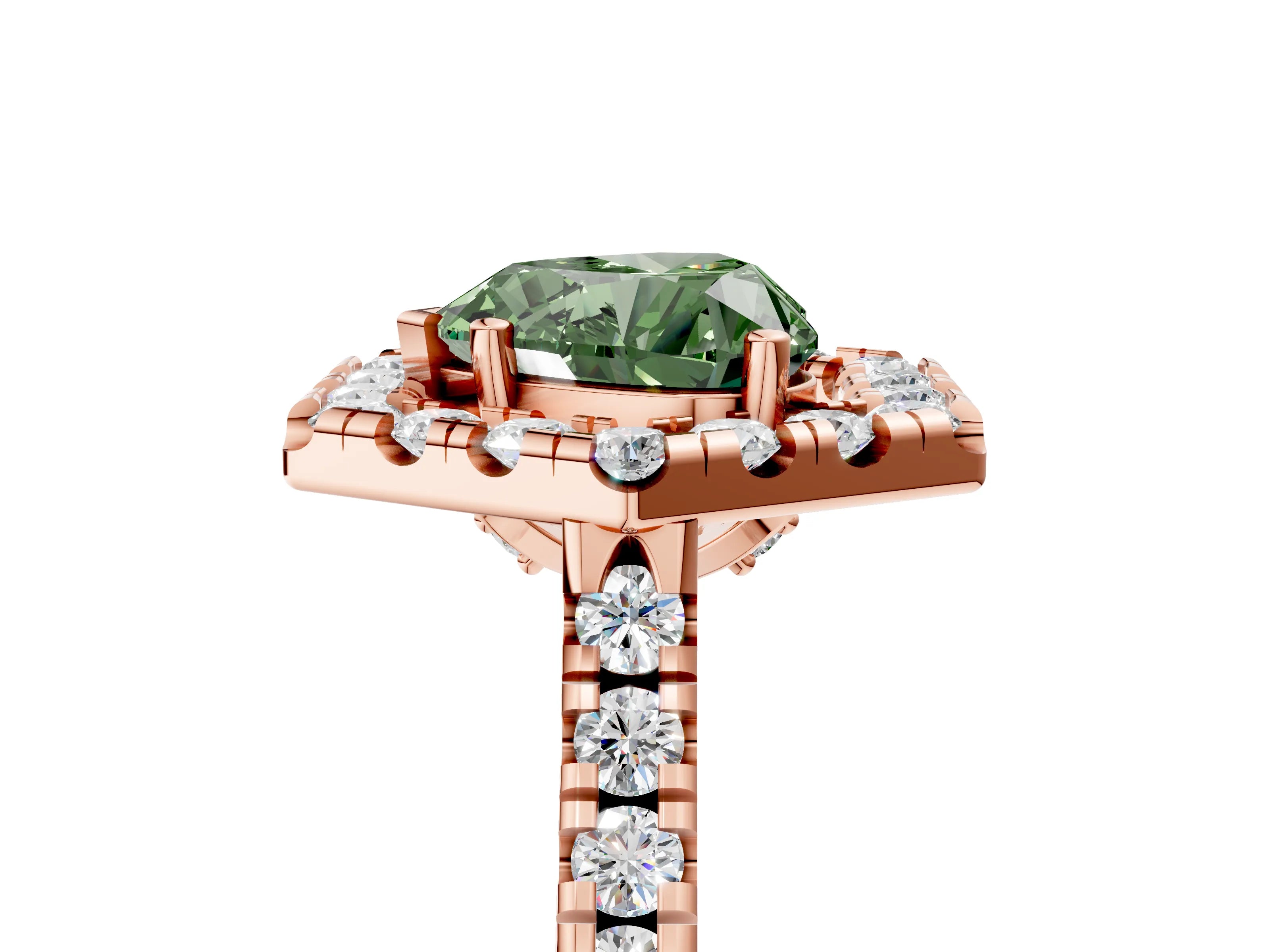Rose gold Hexagonal Halo Fancy Green Heart Cut Diamond Pavé Band with Four-Prong Setting_5