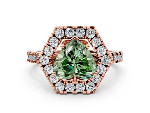 Rose gold Hexagonal Halo Fancy Green Heart Cut Diamond Pavé Band with Four-Prong Setting