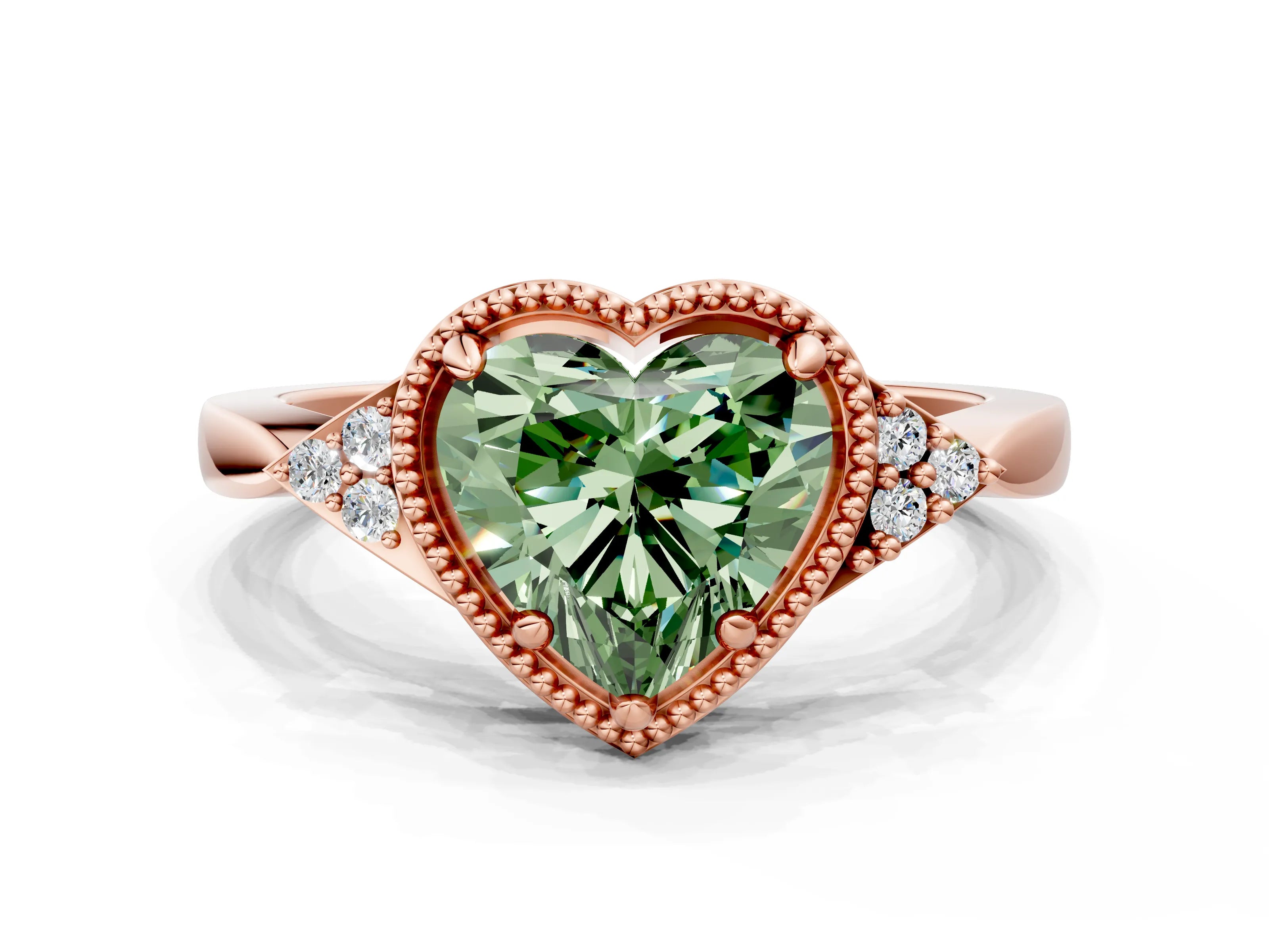 Rose gold Hexagonal Halo Fancy Green Heart Cut Diamond Solitaire with Pavé Band and Four-Prong Setting_3