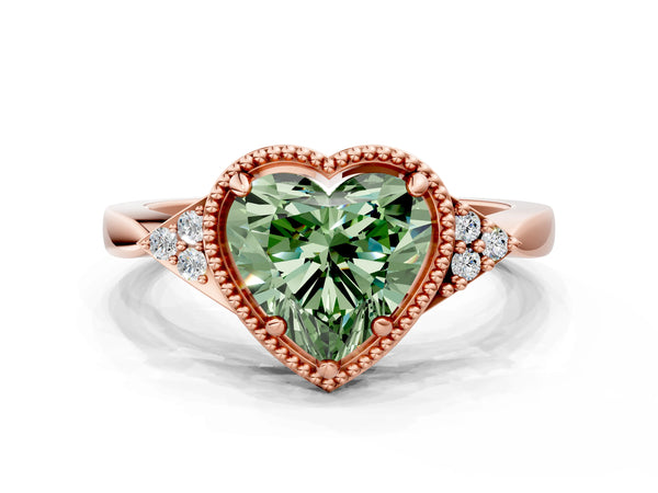 Rose gold Hexagonal Halo Fancy Green Heart Cut Diamond Solitaire with Pavé Band and Four-Prong Setting