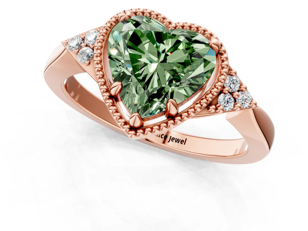 Rose gold Hexagonal Halo Fancy Green Heart Cut Diamond Solitaire with Pavé Band and Four-Prong Setting
