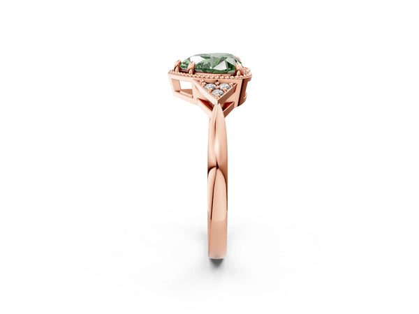 Rose gold Hexagonal Halo Fancy Green Heart Cut Diamond Solitaire with Pavé Band and Four-Prong Setting