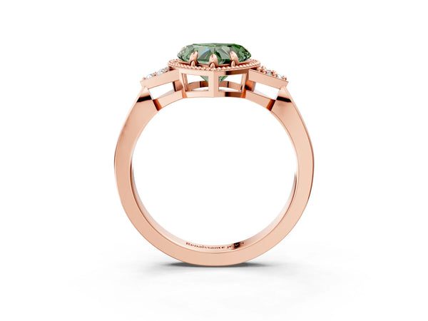 Rose gold Hexagonal Halo Fancy Green Heart Cut Diamond Solitaire with Pavé Band and Four-Prong Setting