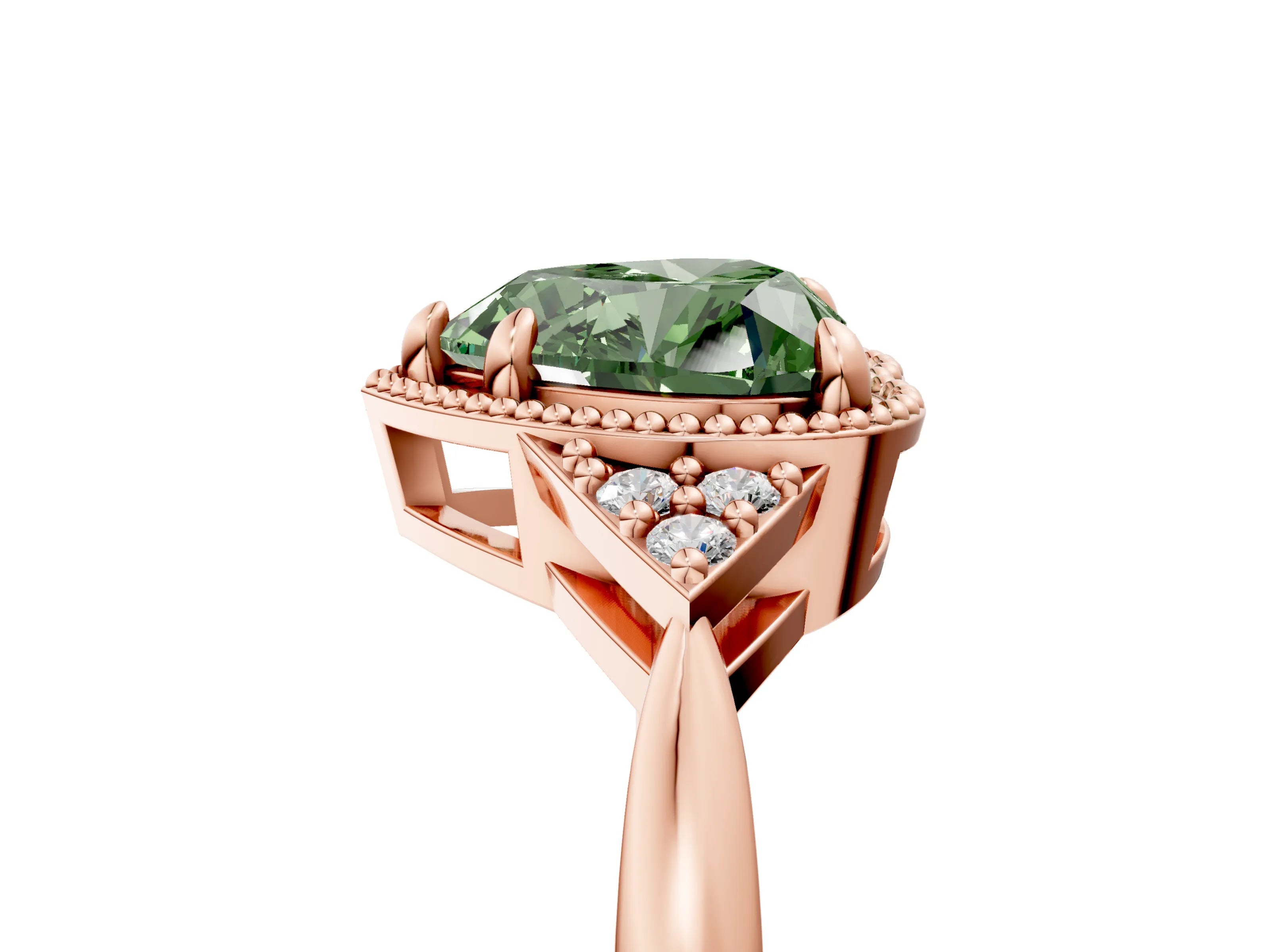 Rose gold Hexagonal Halo Fancy Green Heart Cut Diamond Solitaire with Pavé Band and Four-Prong Setting_8