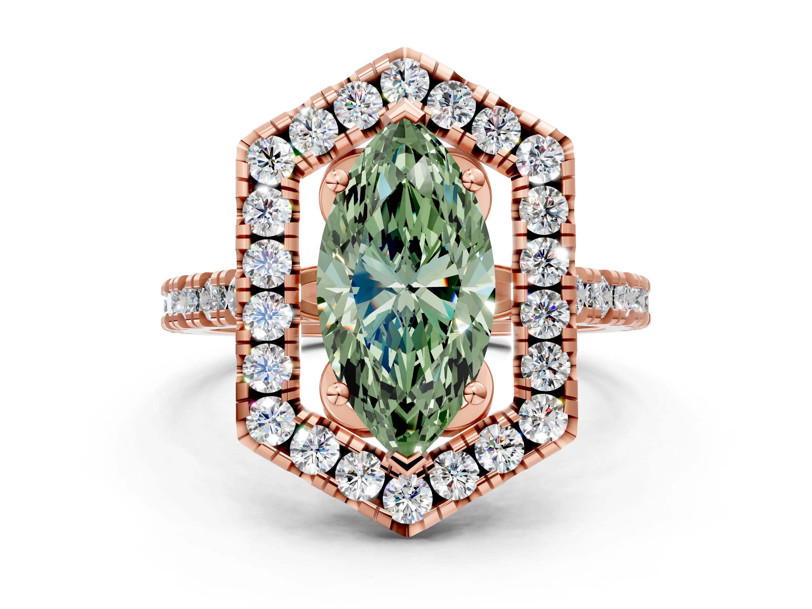 Rose gold Hexagonal Halo Fancy Green Marquise Cut Diamond Pavé Band with Four-Prong Setting