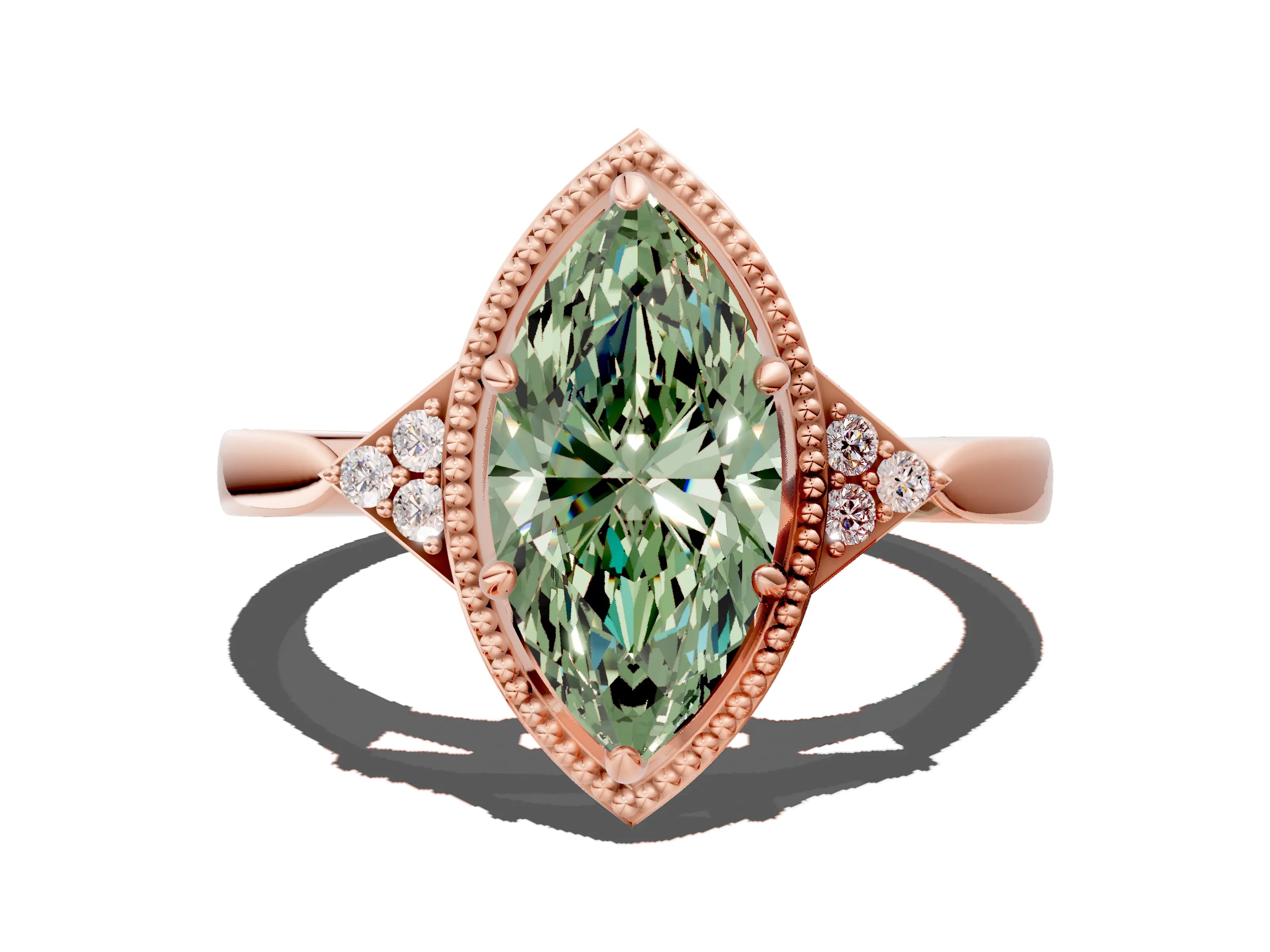 Rose gold Hexagonal Halo Fancy Green Marquise Cut Diamond Solitaire with Pavé Band and Four-Prong Setting_3