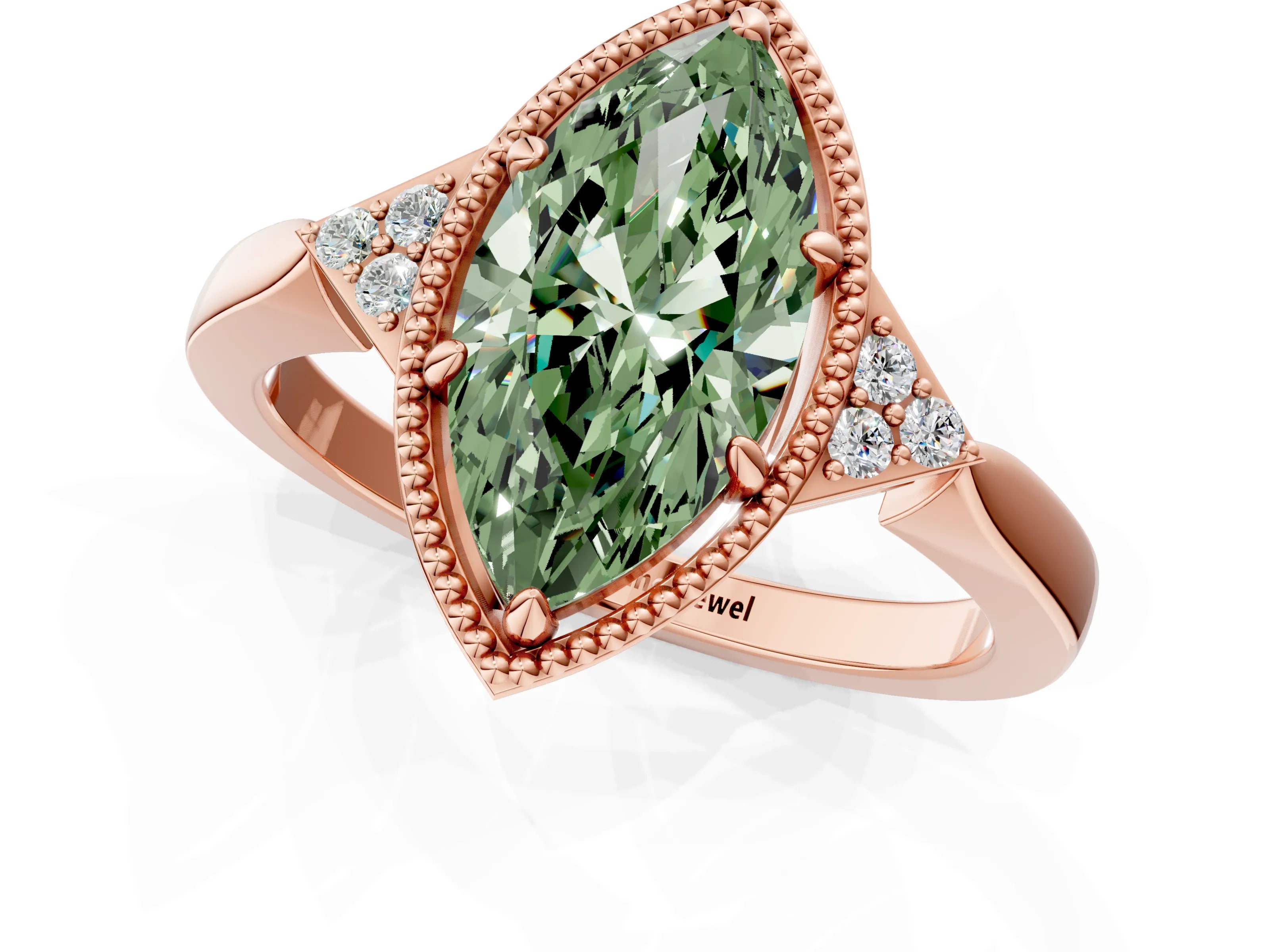 Rose gold Hexagonal Halo Fancy Green Marquise Cut Diamond Solitaire with Pavé Band and Four-Prong Setting_4