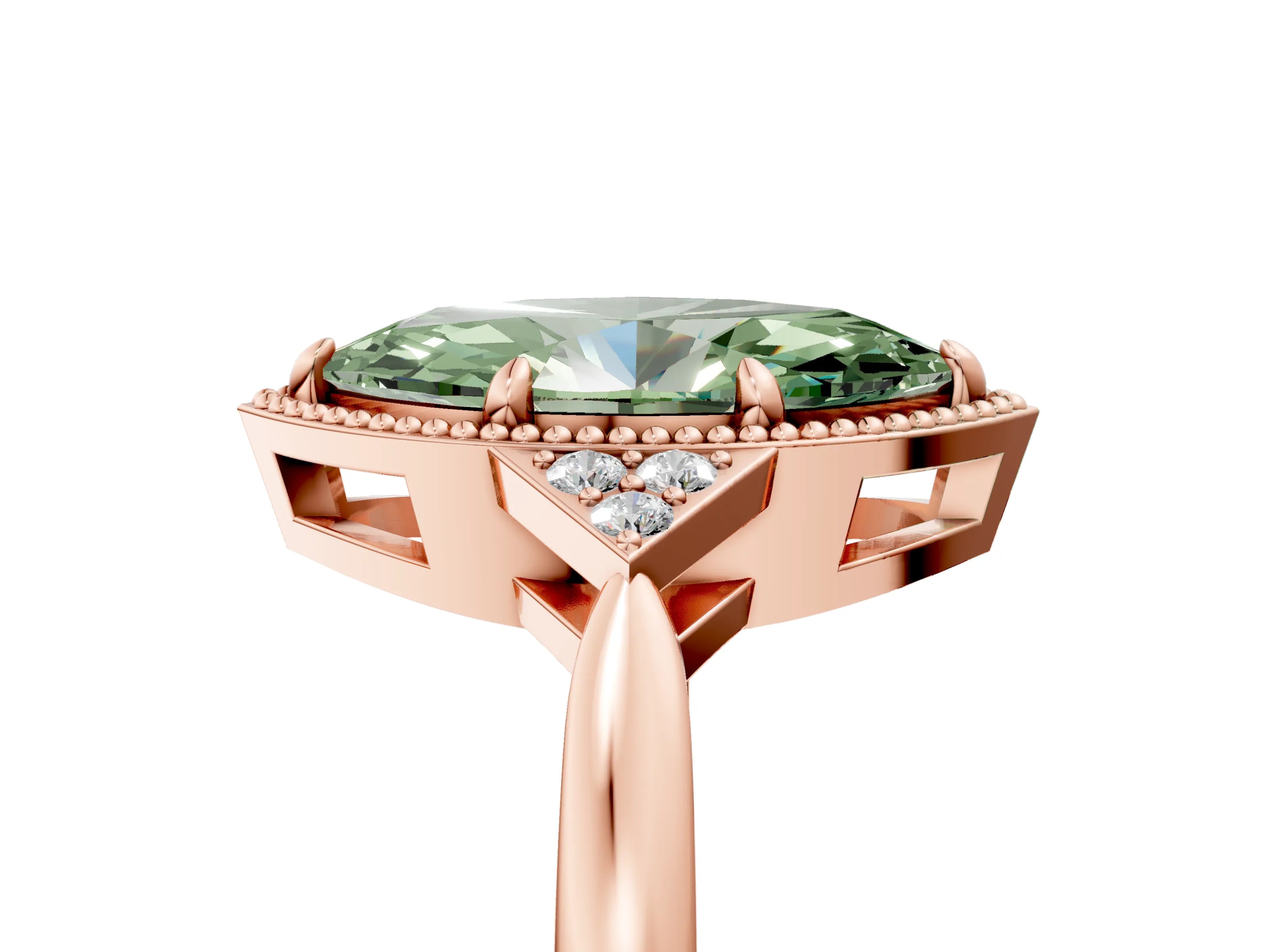 Rose gold Hexagonal Halo Fancy Green Marquise Cut Diamond Solitaire with Pavé Band and Four-Prong Setting_8