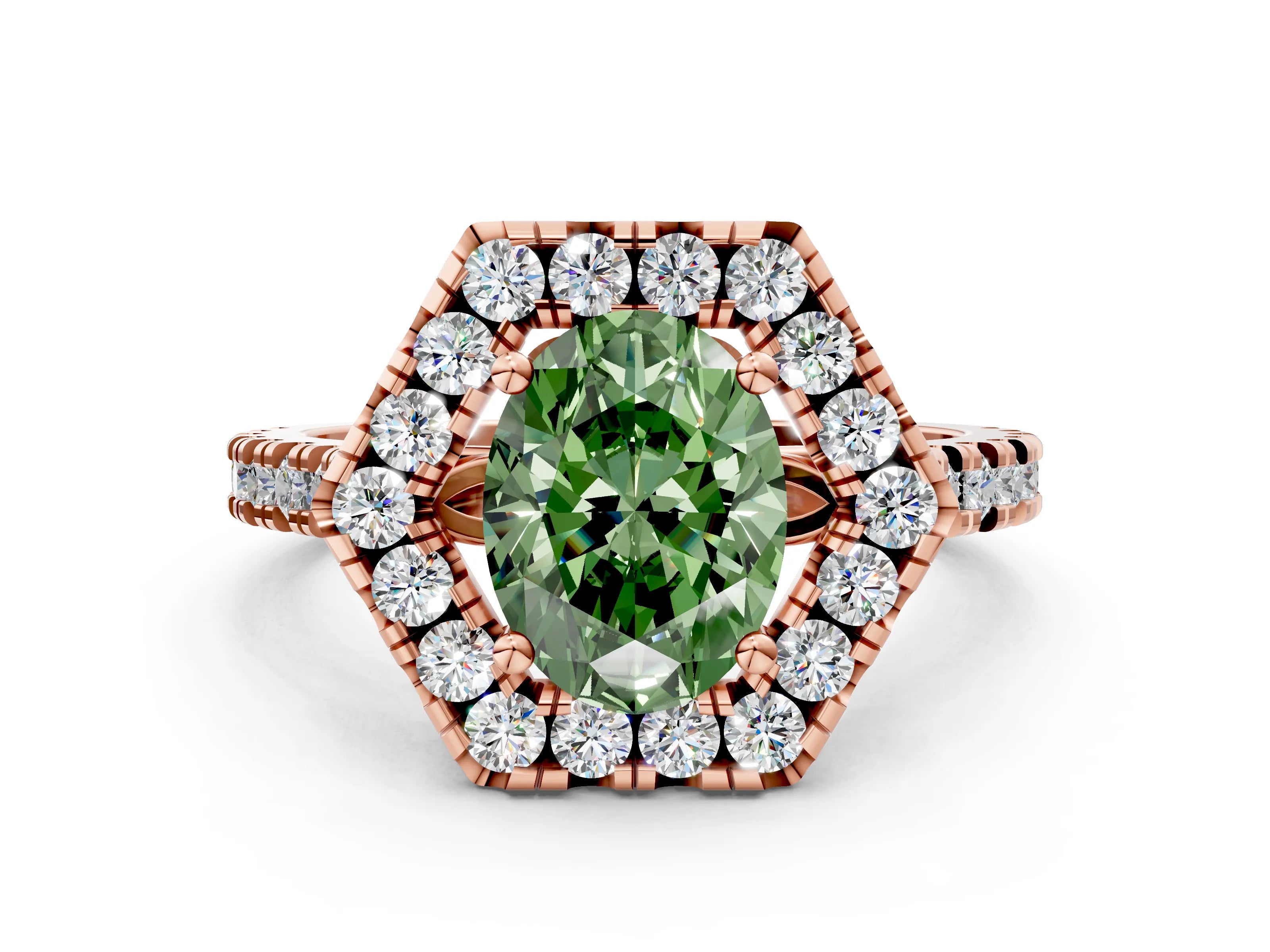 Rose gold Hexagonal Halo Fancy Green Oval Cut Diamond Pavé Band with Four-Prong Setting