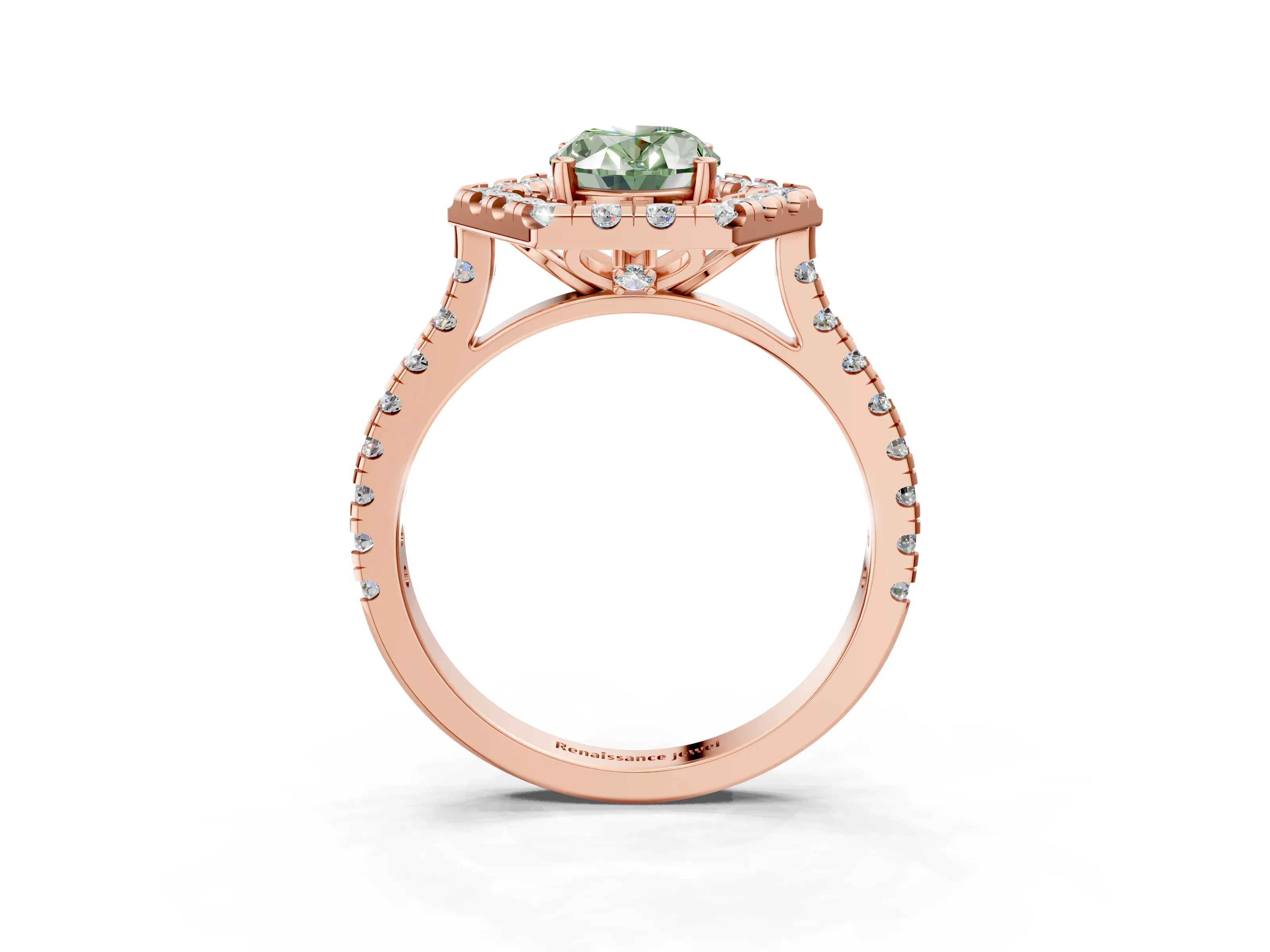 Rose gold Hexagonal Halo Fancy Green Oval Cut Diamond Pavé Band with Four-Prong Setting_3
