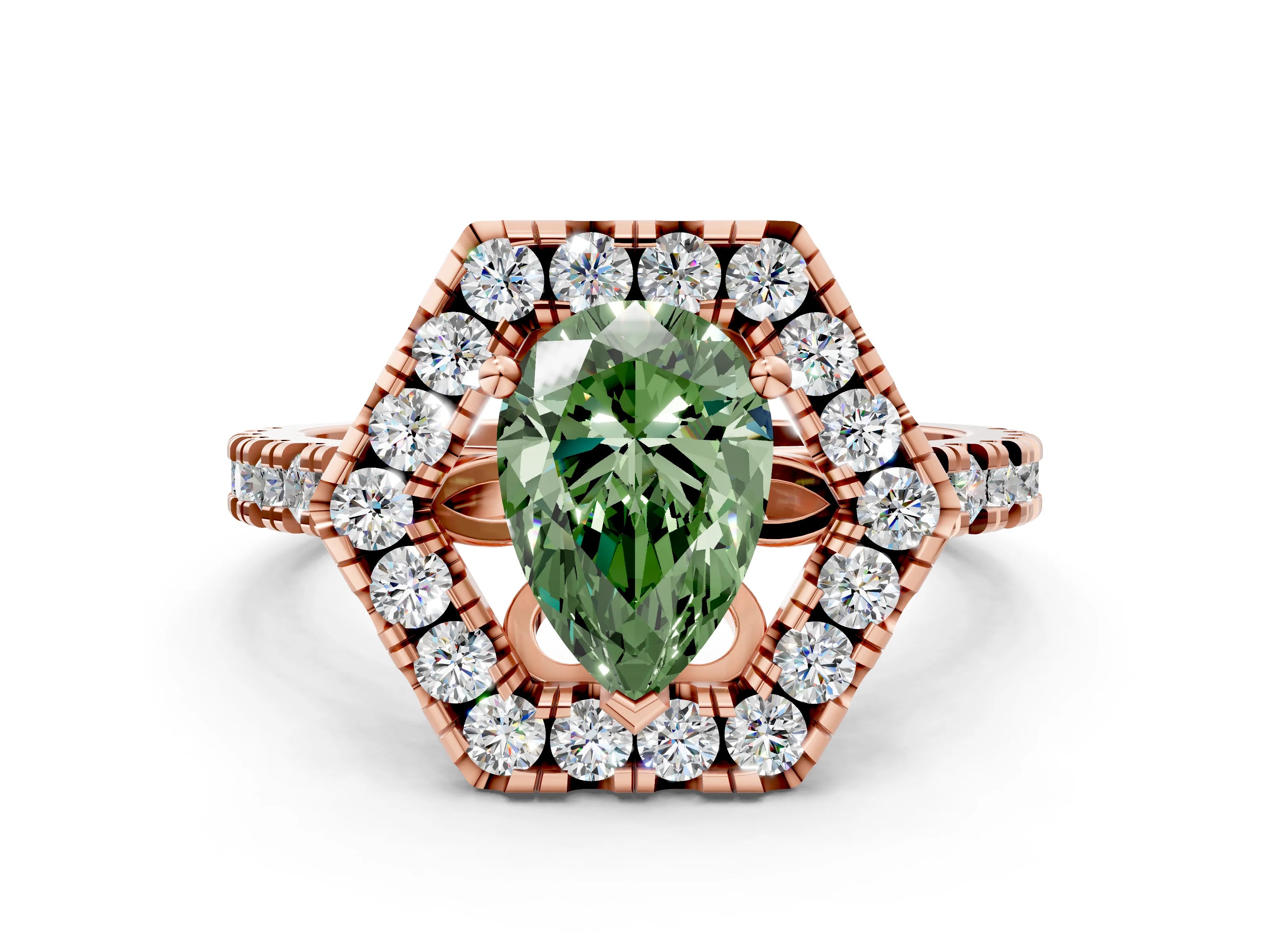 Rose gold Hexagonal Halo Fancy Green Pear Cut Diamond Pavé Band with Four-Prong Setting