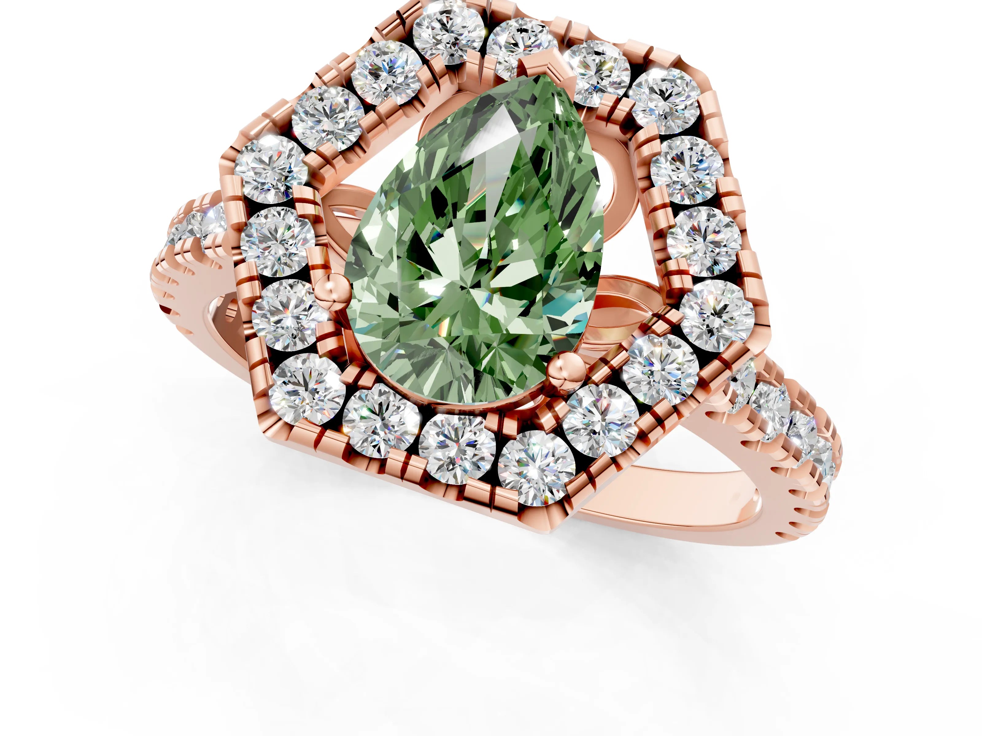 Rose gold Hexagonal Halo Fancy Green Pear Cut Diamond Pavé Band with Four-Prong Setting_1