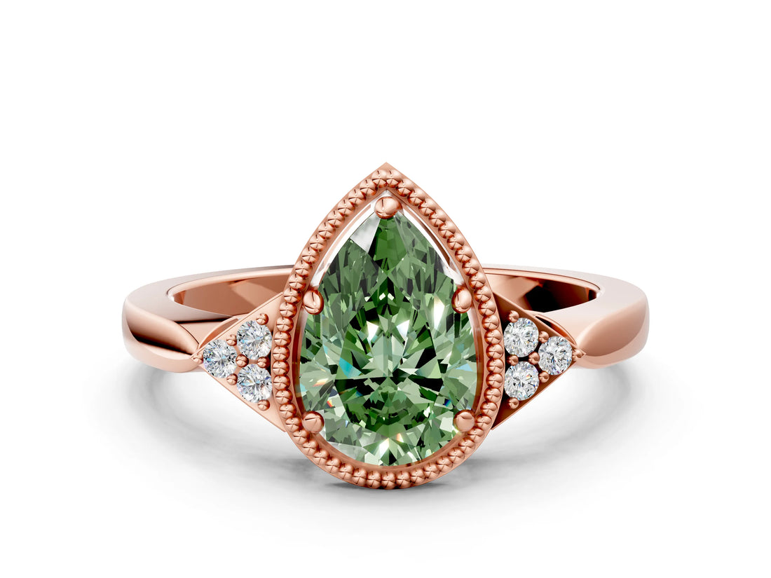 Rose gold Hexagonal Halo Fancy Green Pear Cut Diamond Solitaire with Pavé Band and Four-Prong Setting_3