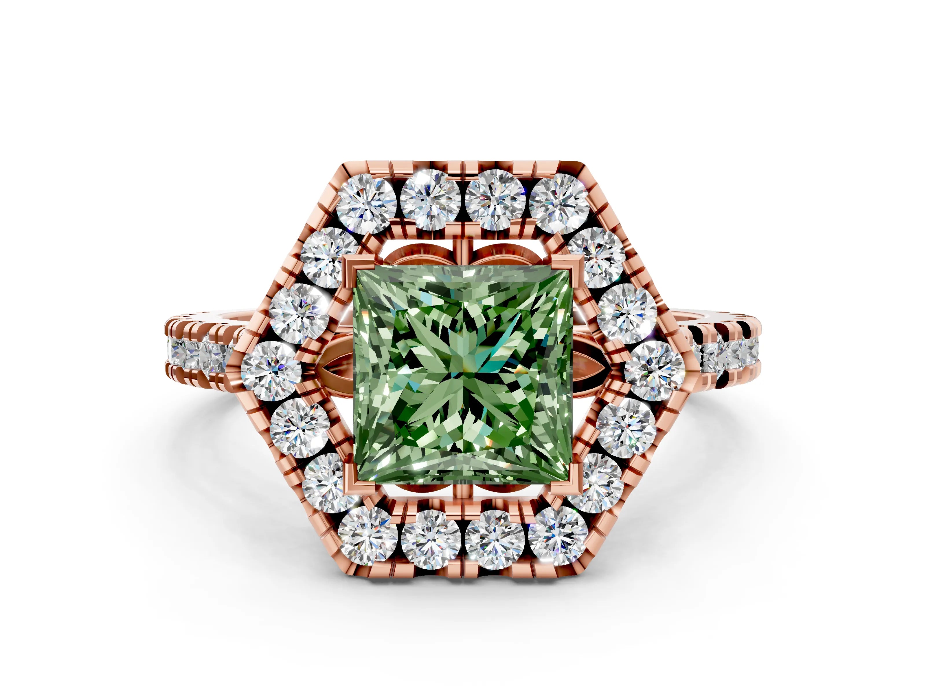 Rose gold Hexagonal Halo Fancy Green Princess Cut Diamond Pavé Band with Four-Prong Setting