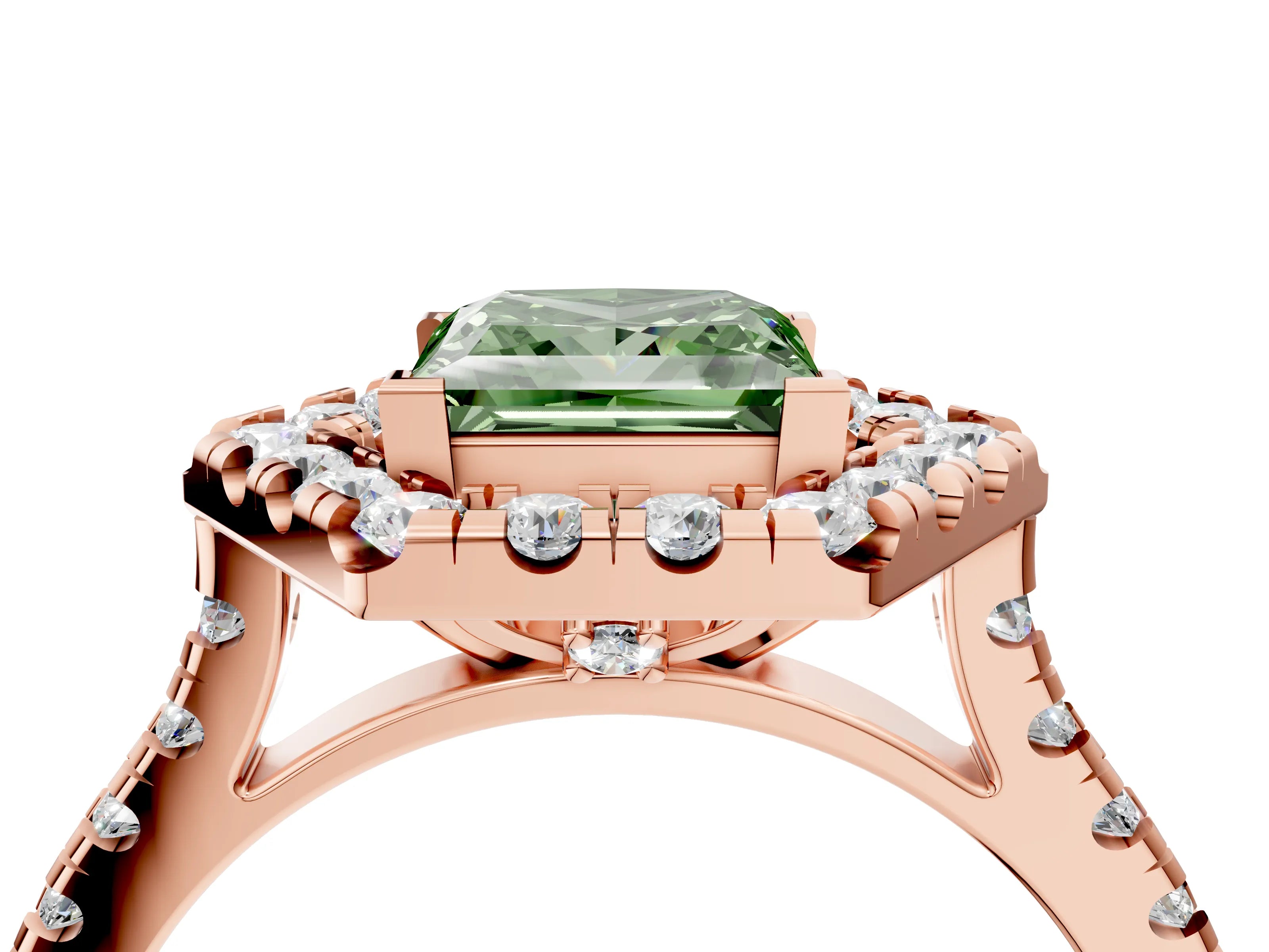 Rose gold Hexagonal Halo Fancy Green Princess Cut Diamond Pavé Band with Four-Prong Setting_4