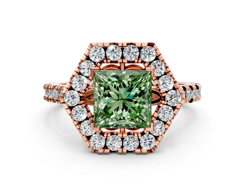 Rose gold Hexagonal Halo Fancy Green Princess Cut Diamond Pavé Band with Four-Prong Setting