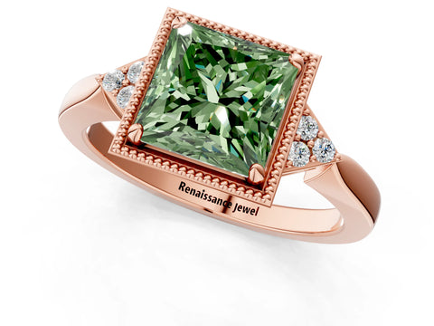 Rose gold Hexagonal Halo Fancy Green Princess Cut Diamond Solitaire with Pavé Band and Four-Prong Setting_4