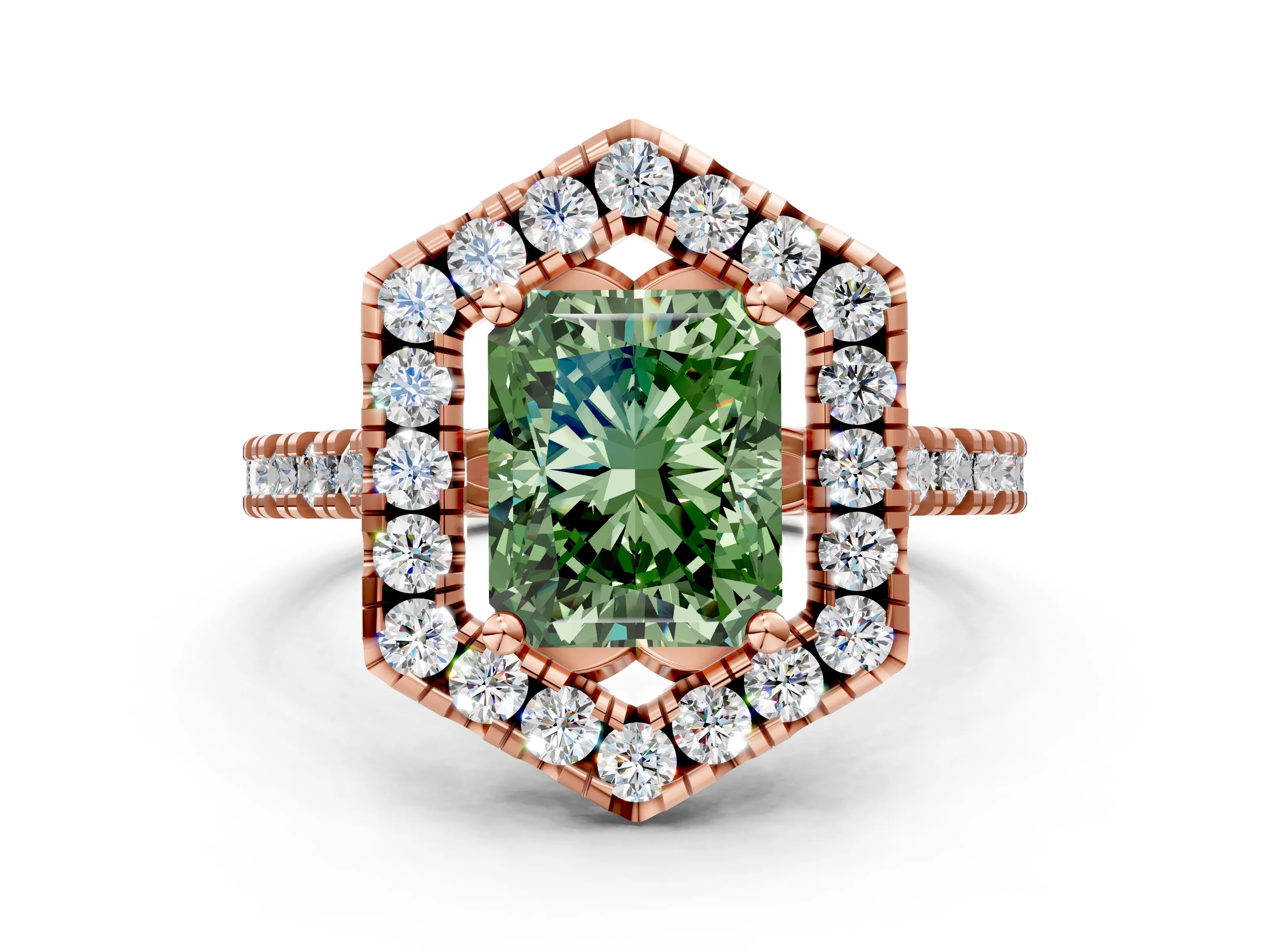 Rose gold Hexagonal Halo Fancy Green Radiant Cut Diamond Pavé Band with Four-Prong Setting